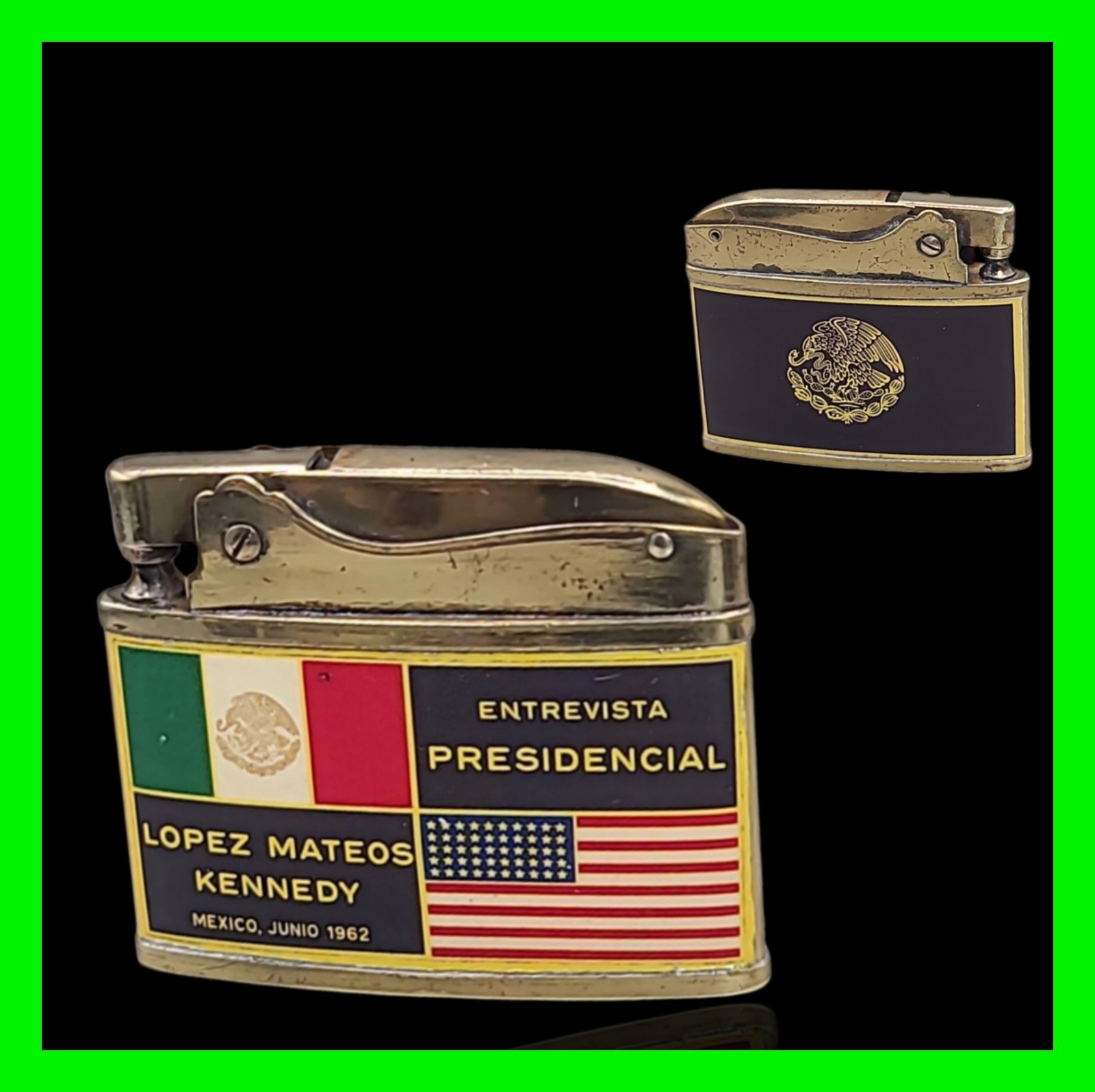 Vintage 1962 JFK Kennedy Lopez Mateos Mexico Presidential Flat Ad Lighter