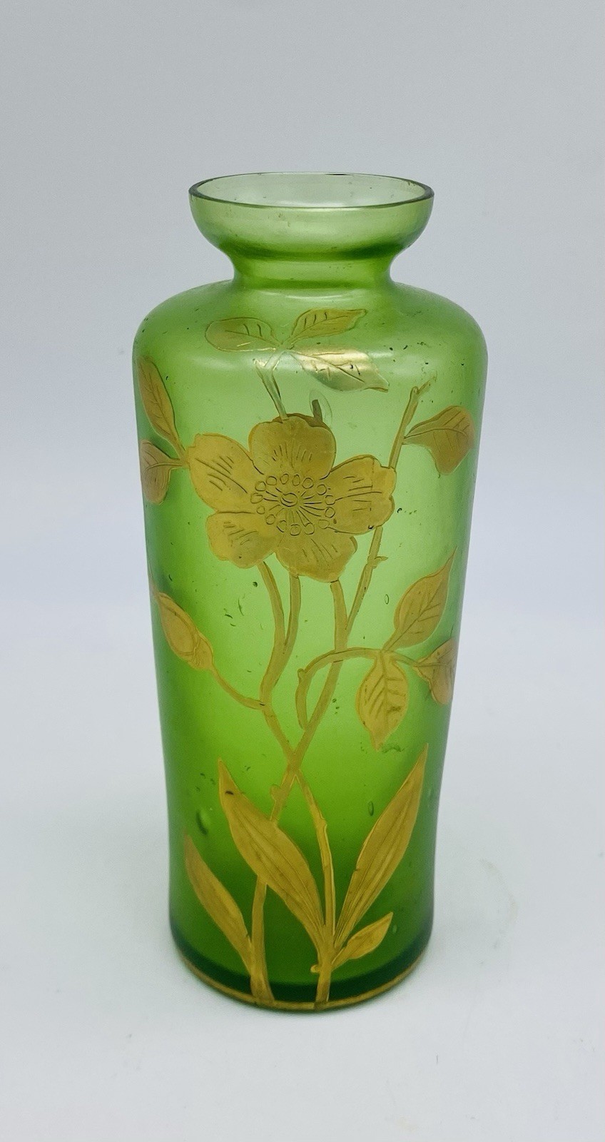 Gorgeous Petite FRENCH Green Satin Glass Gold Gilded Enamel Cabinet vase