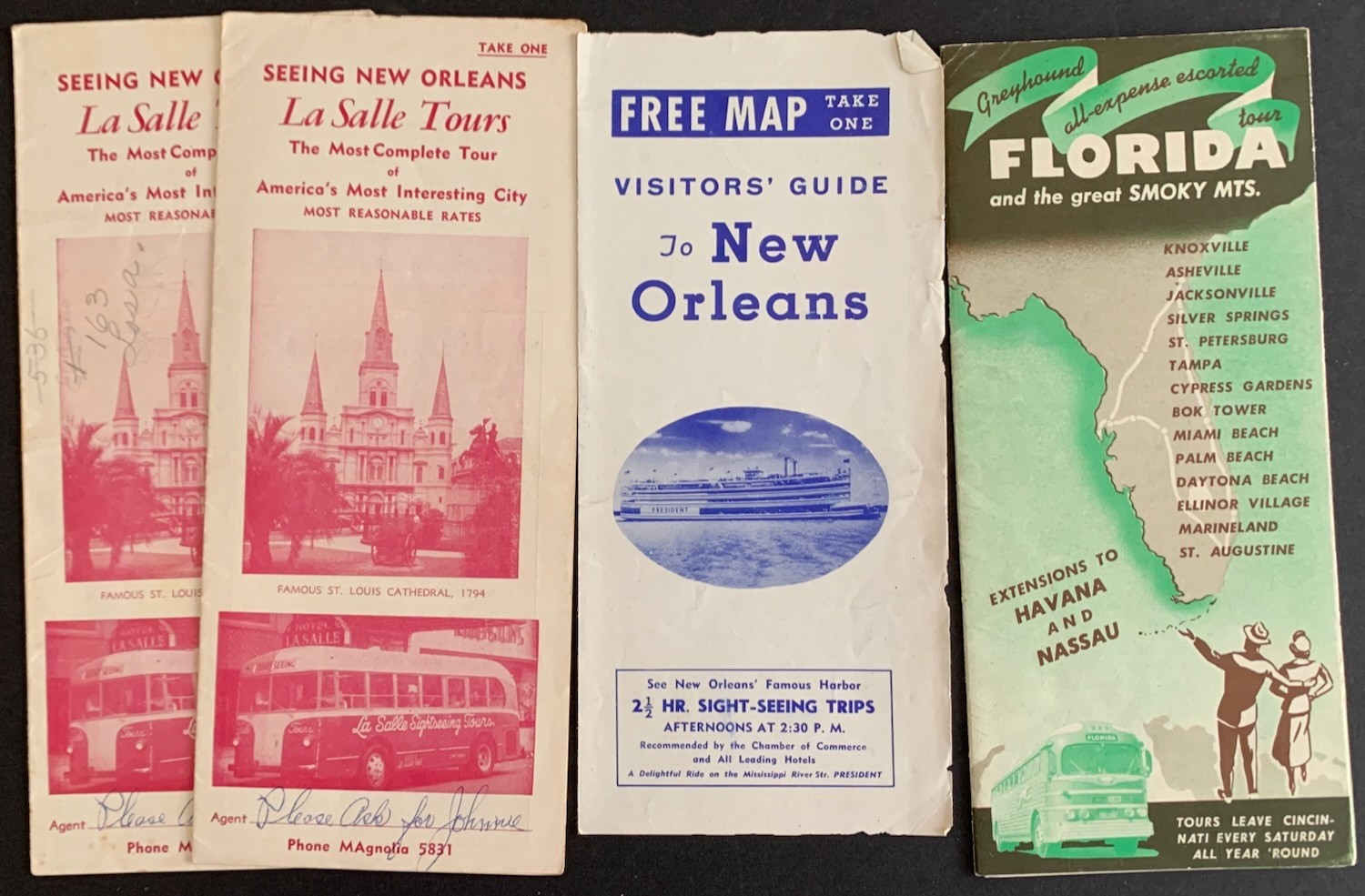 1950s La Salle Tours New Orleans 2 Tourist Folders & Greyhopund Florida Tours