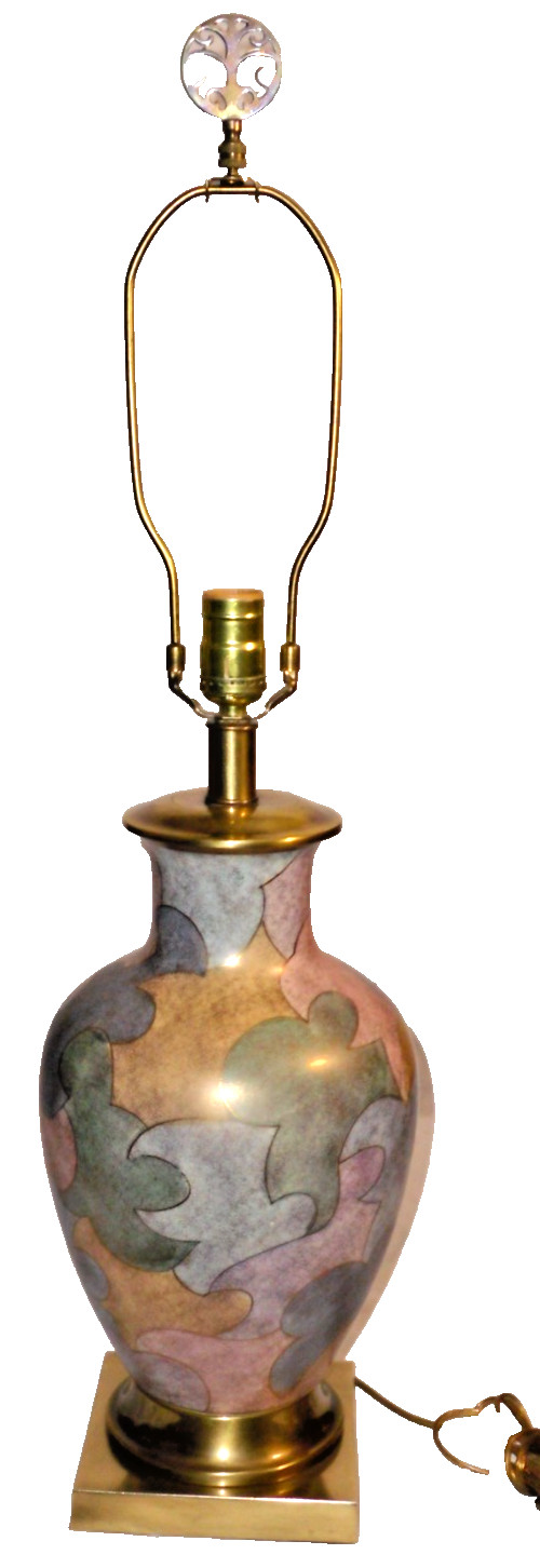 Vintage 1980s Postmodern Tessellated Puzzle Pattern Ceramic Urn Lamp Brass Base