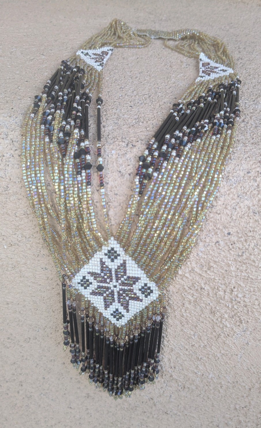 Vintage Native American Woven Micro Beaded Tapestry Fringed Statement Stole