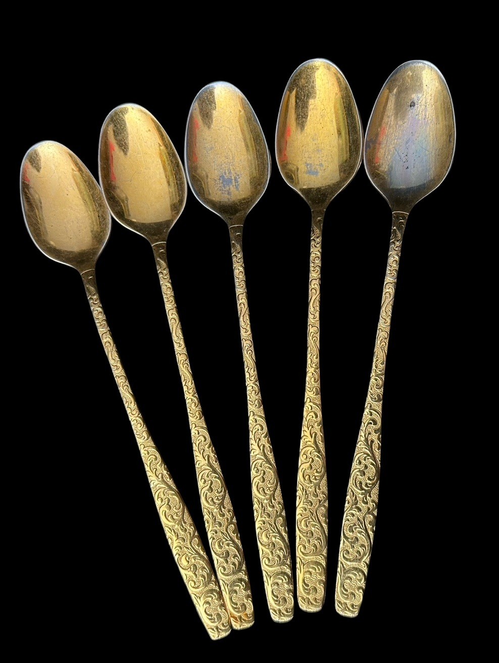 VTG 5pc Americana Golden Heritage Golden Scroll Iced Tea Spoons 7.5” Ornate READ VTG 5pc Americana Golden Heritage Golden Scroll Iced Tea Spoons 7.5” Ornate READ