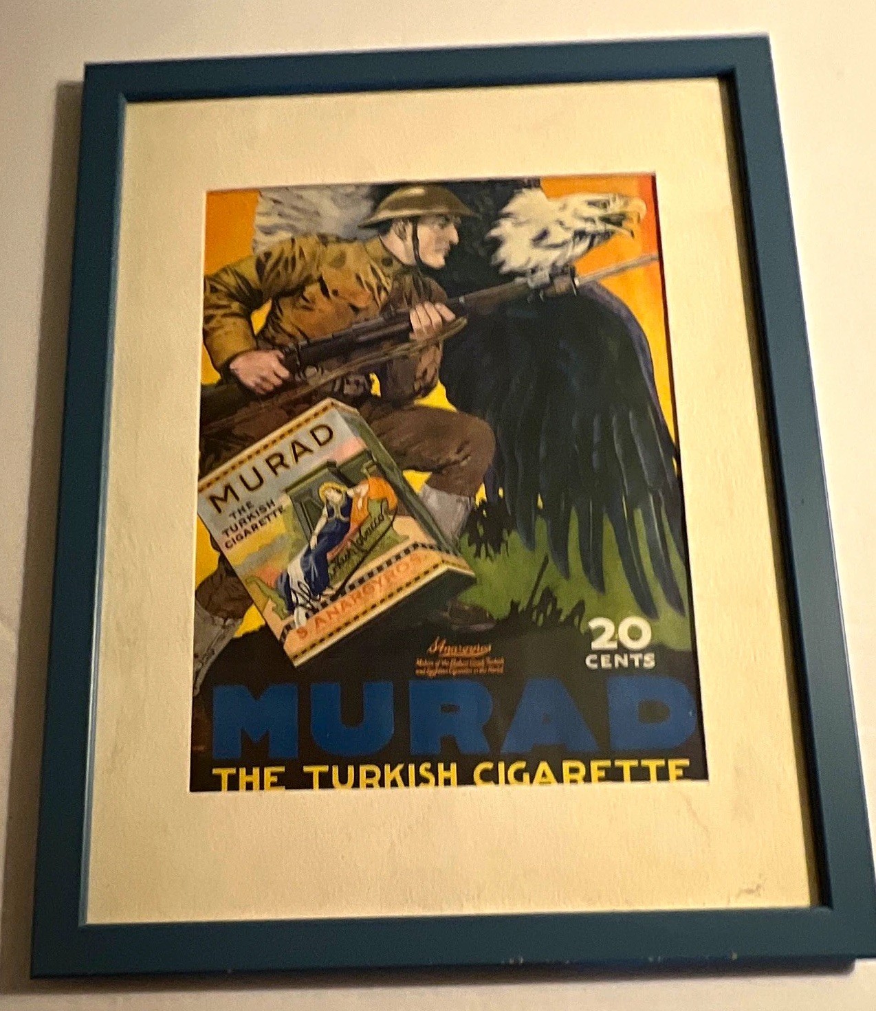 Vtg 1918 MURAD Turkish Cigarette Ad Framed WWI Soldier Eagle Patriot Poster Art