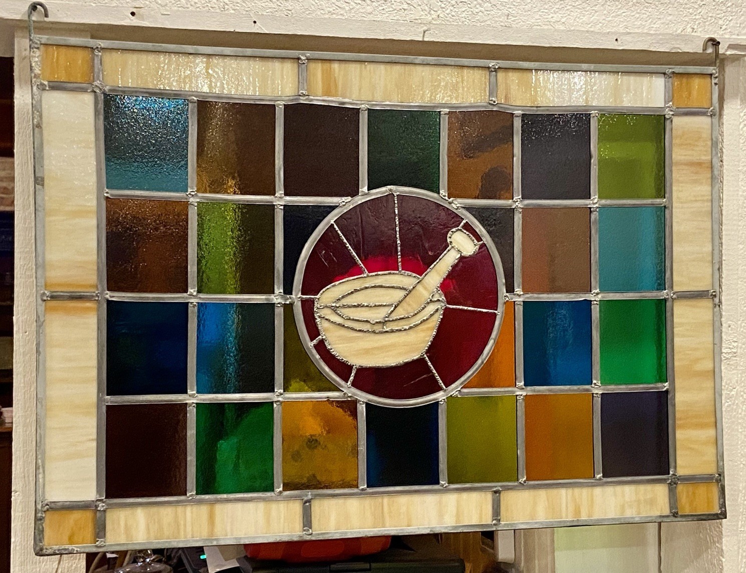 Large Vintage Pharmacy Apothecary Stained Glass Sign Panel Mortar & Pestle