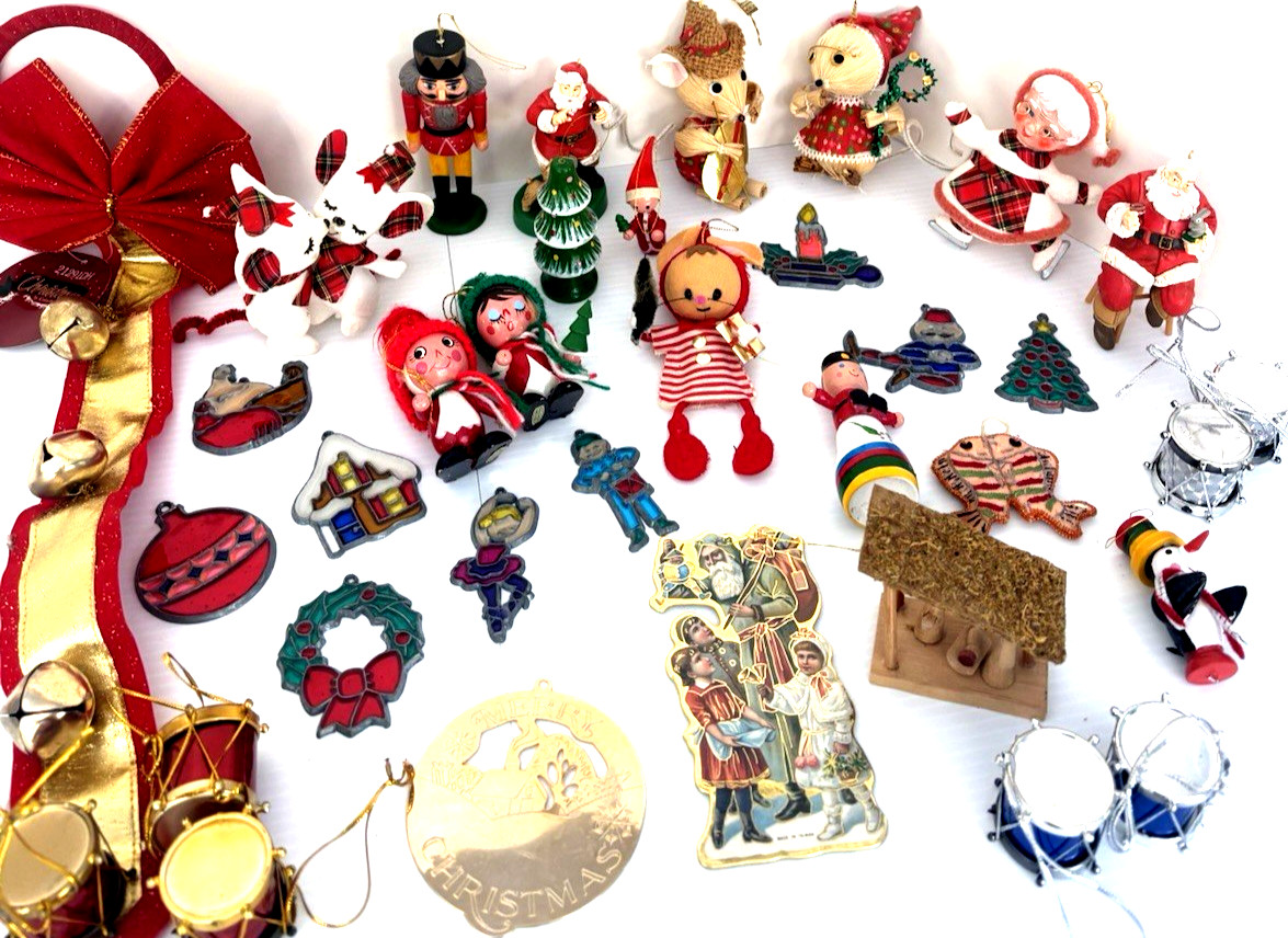 VTG '50s - '60s LOT 35 Christmas Tree Ornaments Painted Wooden Flocked Adler MCM