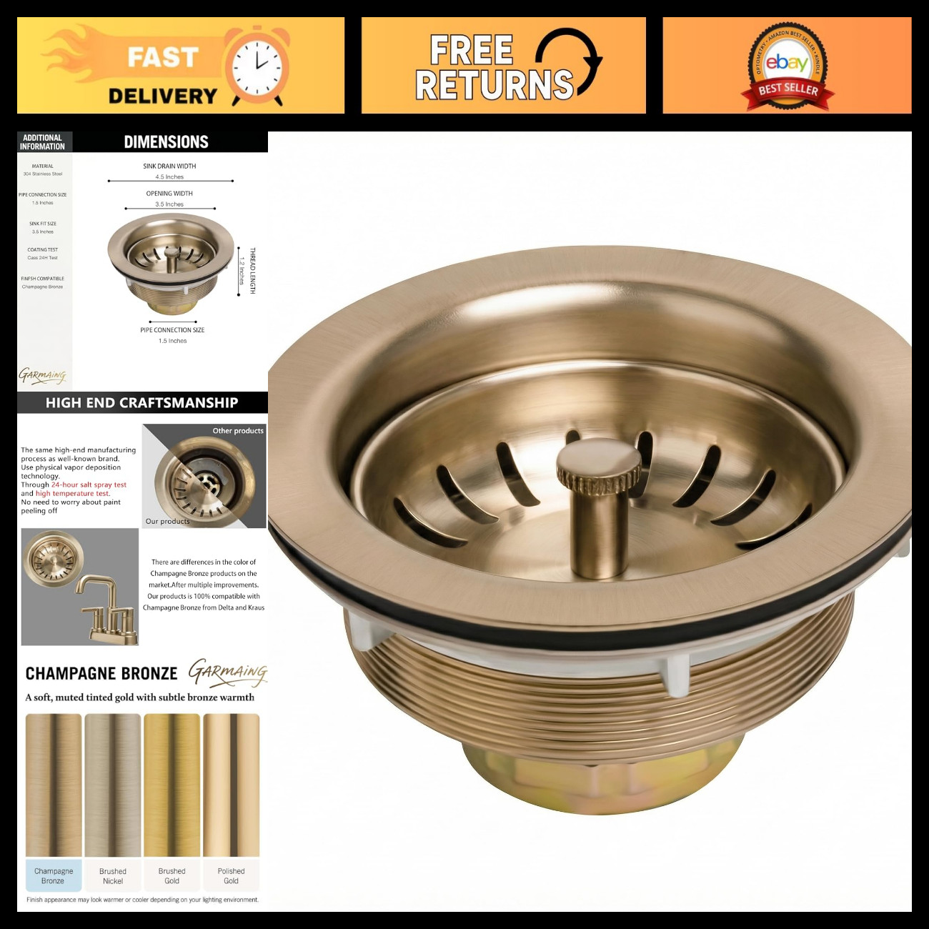 Champagne Bronze Kitchen Sink Drain,Fit 3.5 inch Standard Sink