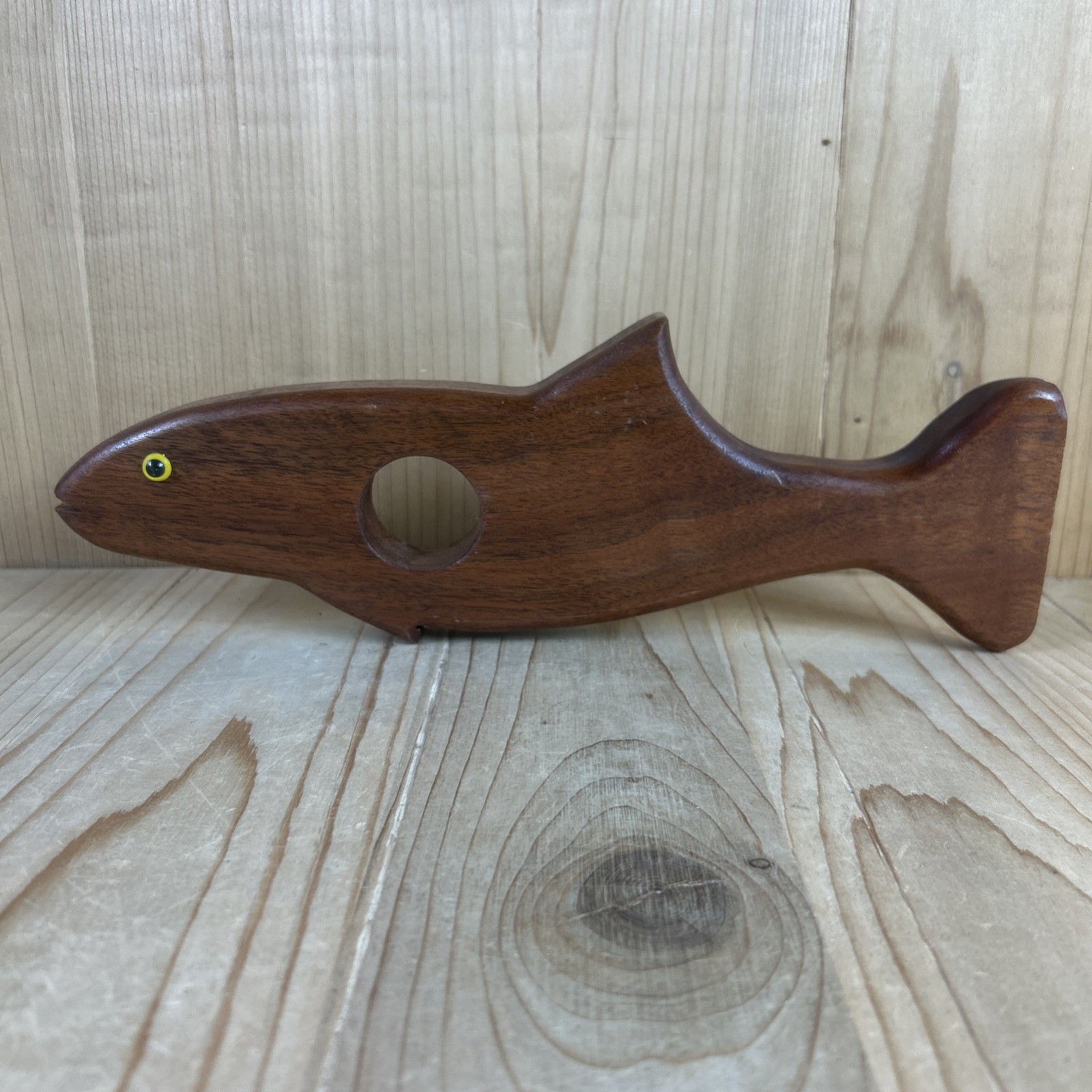 Vintage Fish Figurine Hand Carved Wood Brown Handmade 1970s 11x4 Inch