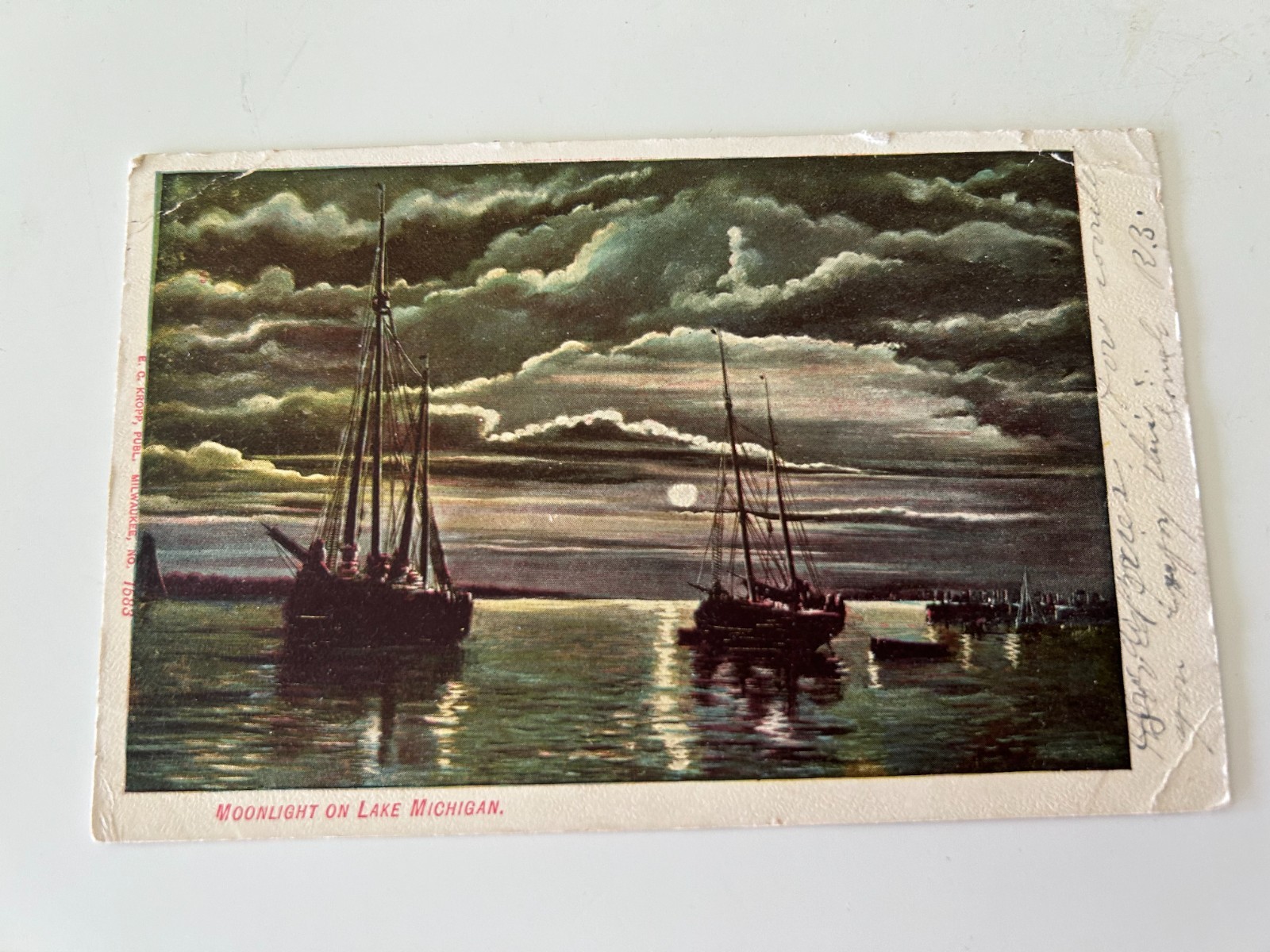 Moonlight on Lake Michigan Boats Scene Postcard