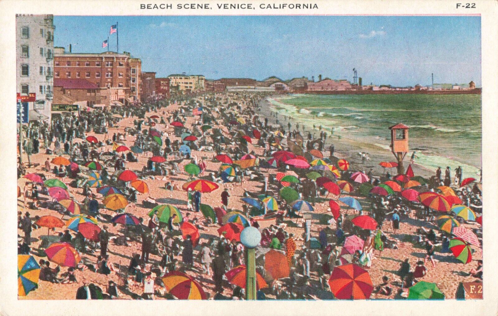 Venice California, Beach Scene Sunbathers Umbrellas, Vintage Postcard