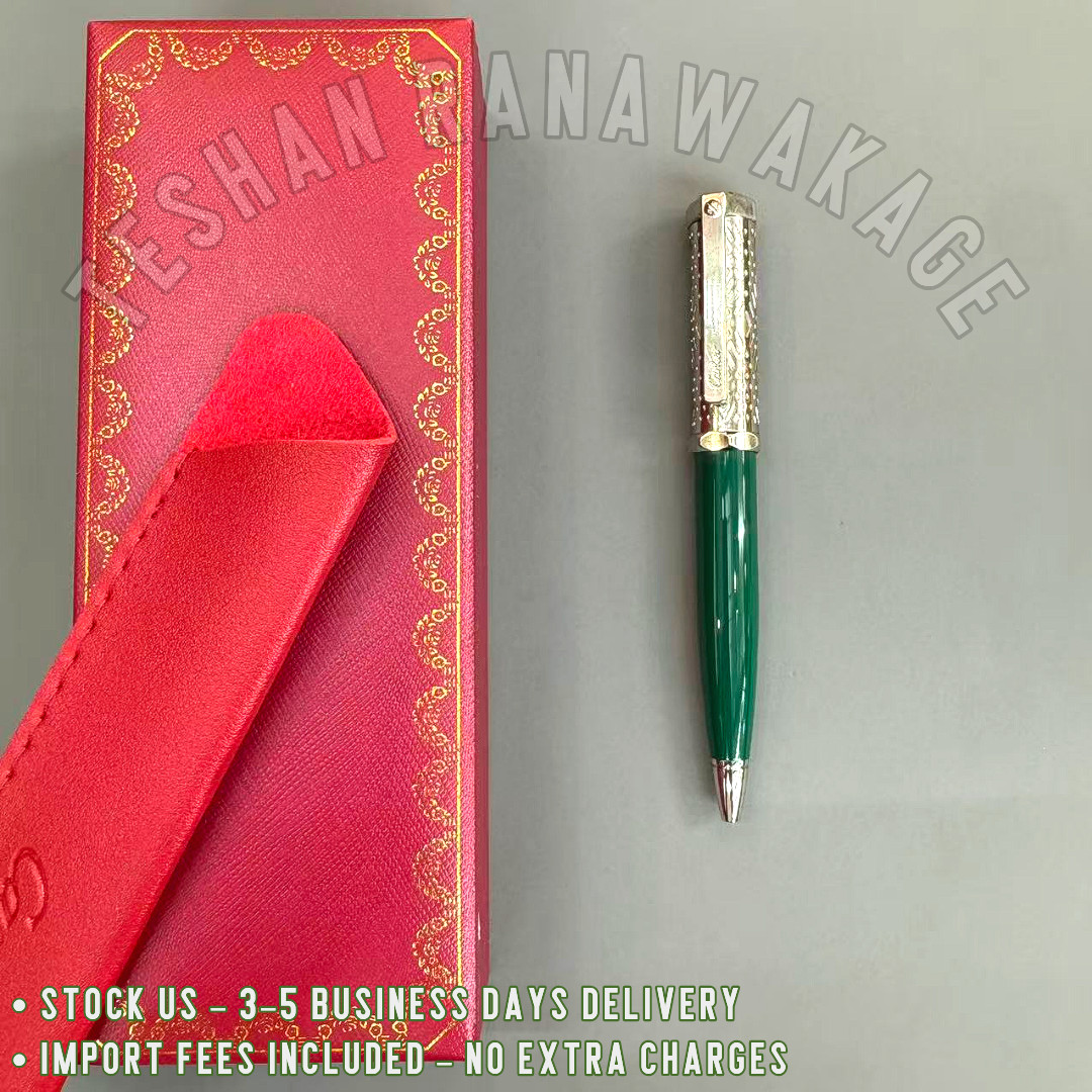 CARTIER Santos Emerald Green Silver Engraved Cap Ballpoint Pen Luxury Rare VIP