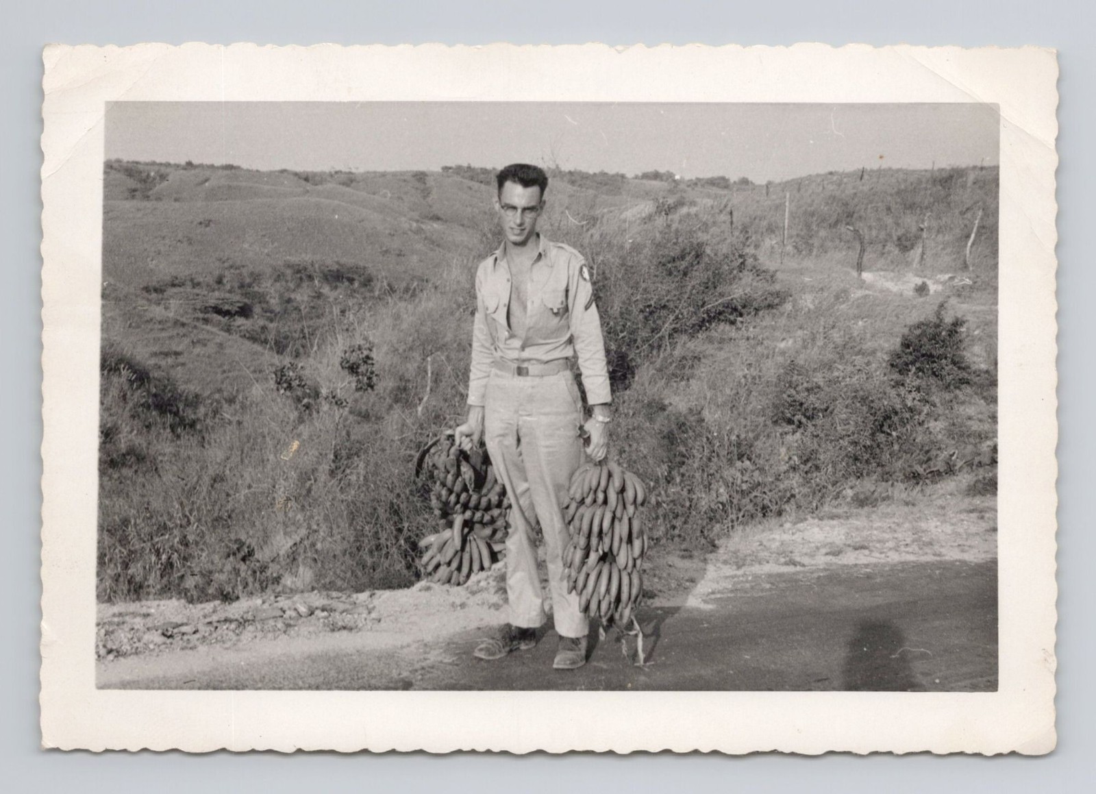 Vintage 1954 Photo U.S. Army Caribbean Command Soldier Wearing Khakis w/Bananas