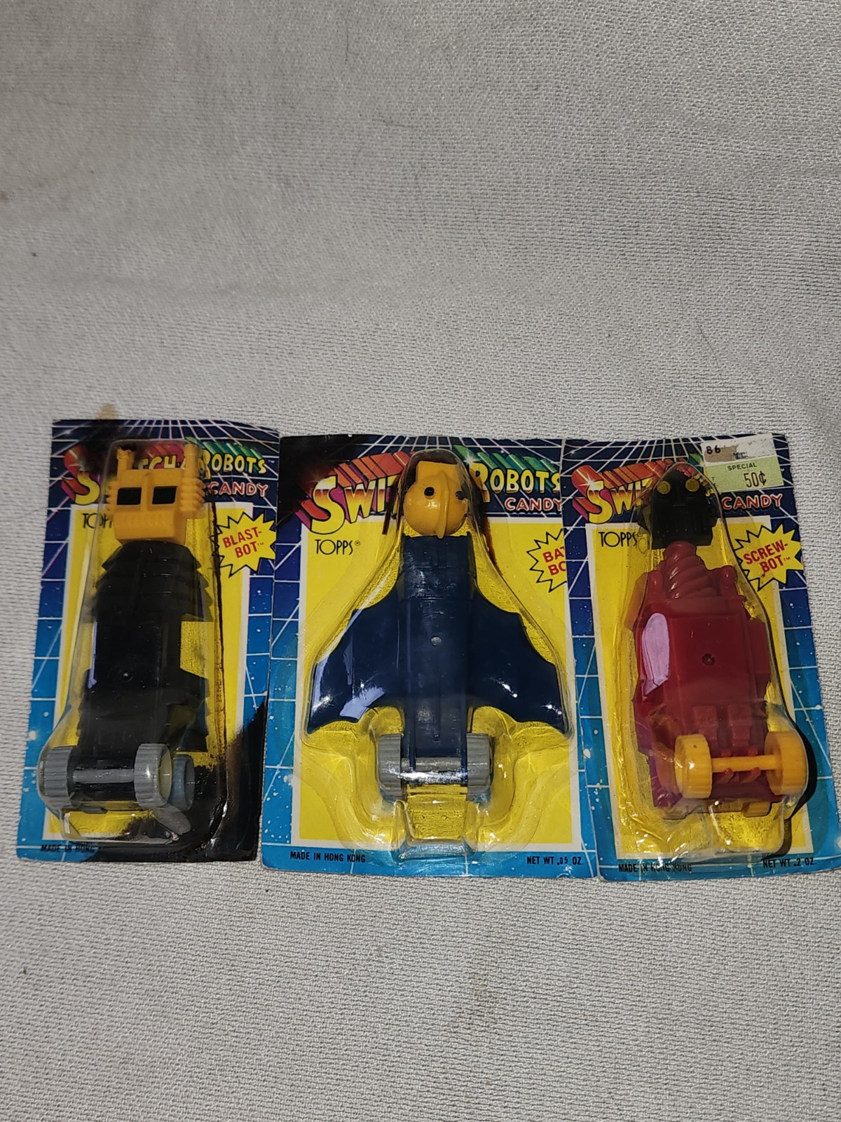 1986 Topps SWITCH-A-ROBOTS Candy Container Blast-Bot, Bat Bot, Screw Bot Sealed.