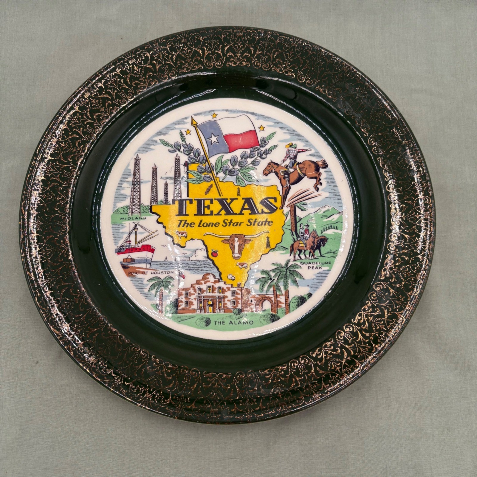 Vintage Nautilus Texas The Lone Star State Souvenir Plate Green Gold 10 Inch Vintage Nautilus Texas The Lone Star State Souvenir Plate Green Gold 10 Inch