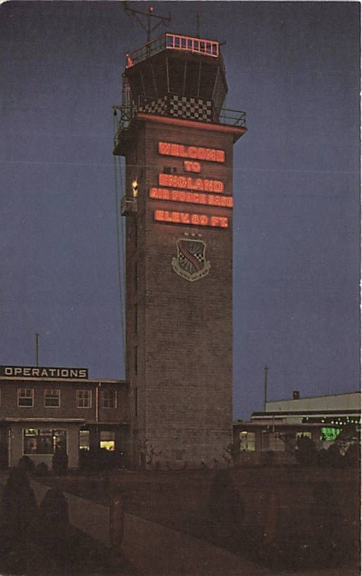 Postcard LA: Night View Base Ops Tower, England AFB, Alexandria, Louisiana 1968