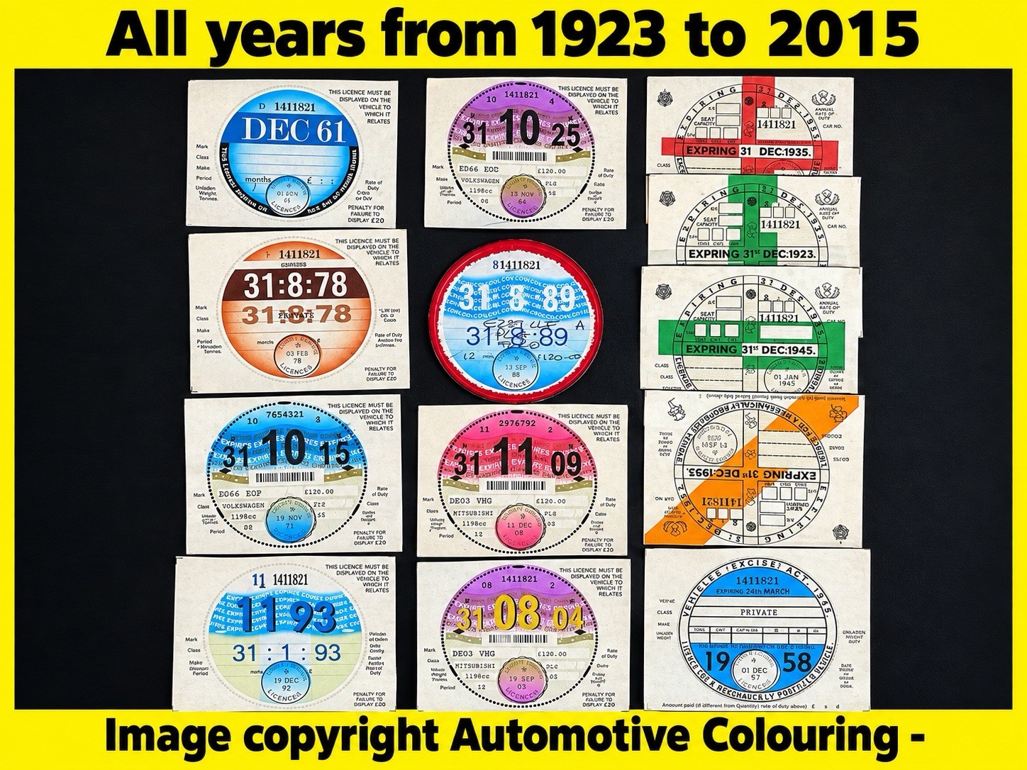 Replica Reproduction Vintage Road Tax Disc Classic Car 1923-2015 INC PERFORATION