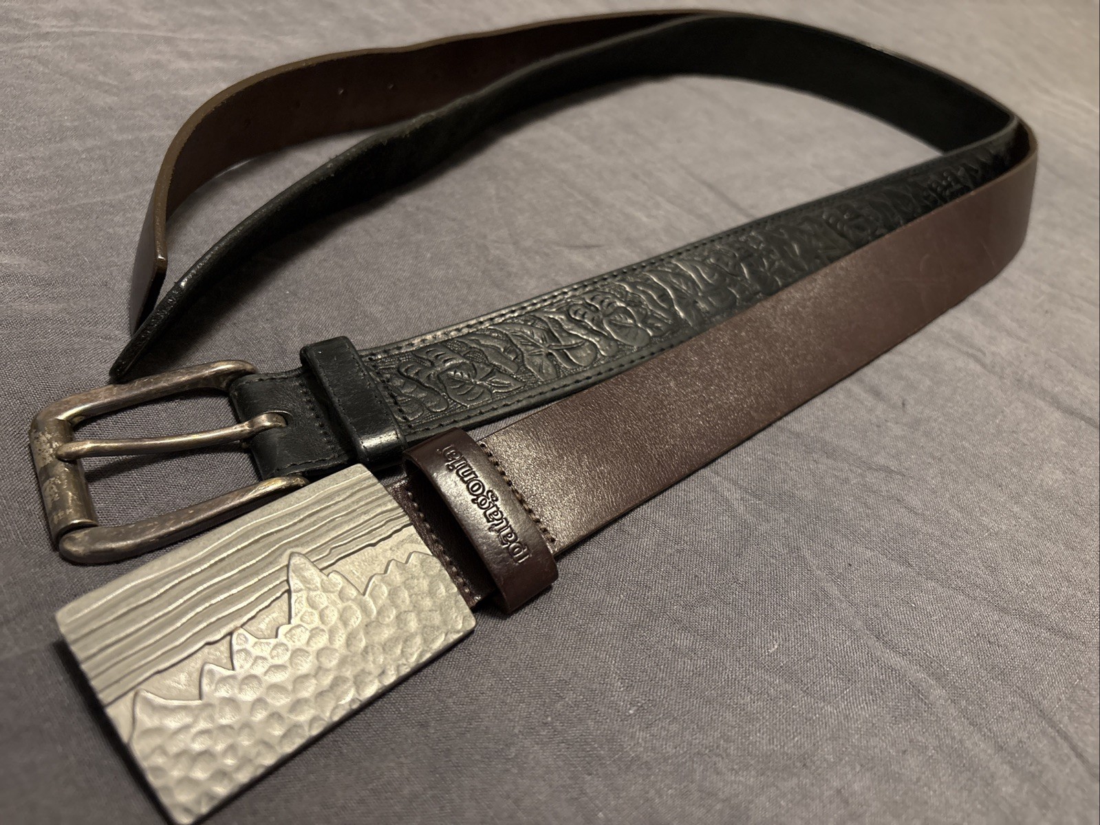 2 Patagonia Vintage Leather Belts Fitzroy Skyline Buckle Tooled Western Size 36