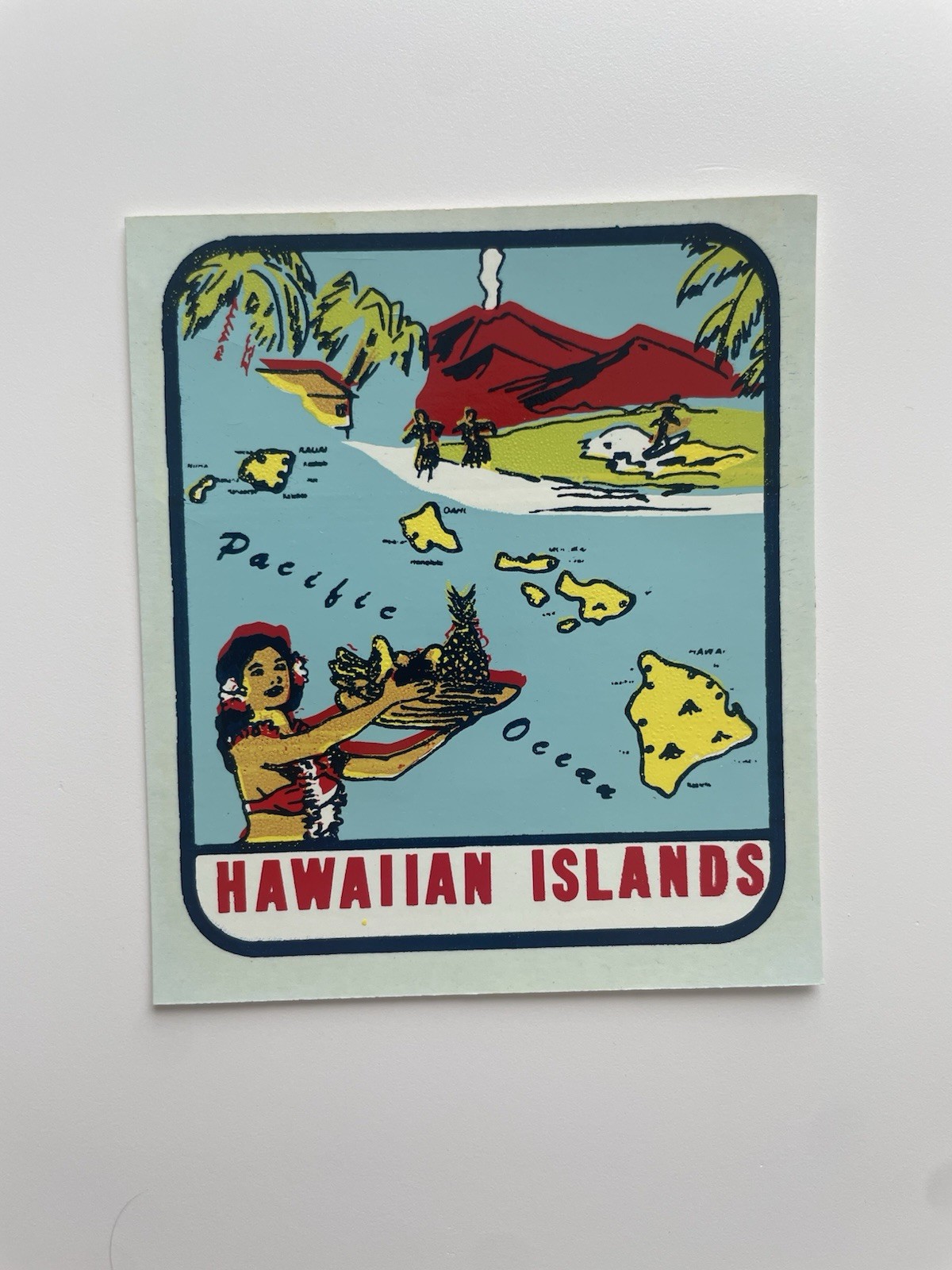 Vtg 1950s Hawaiian Islands Waterslide Travel Decal Souvenir Hula Girl Volcano
