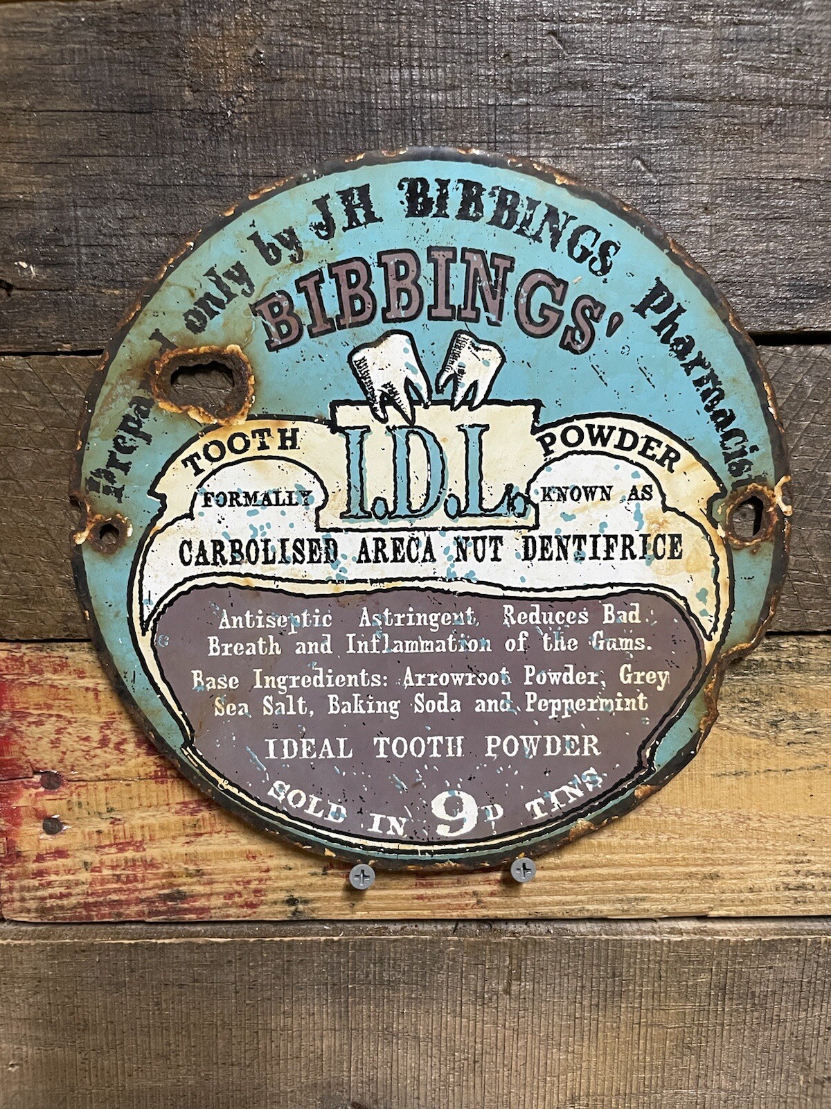 VINTAGE DENTAL  PORCELAIN SIGN BIBBINGS TOOTH POWDER DENTIST MEDICINE GAS & OIL