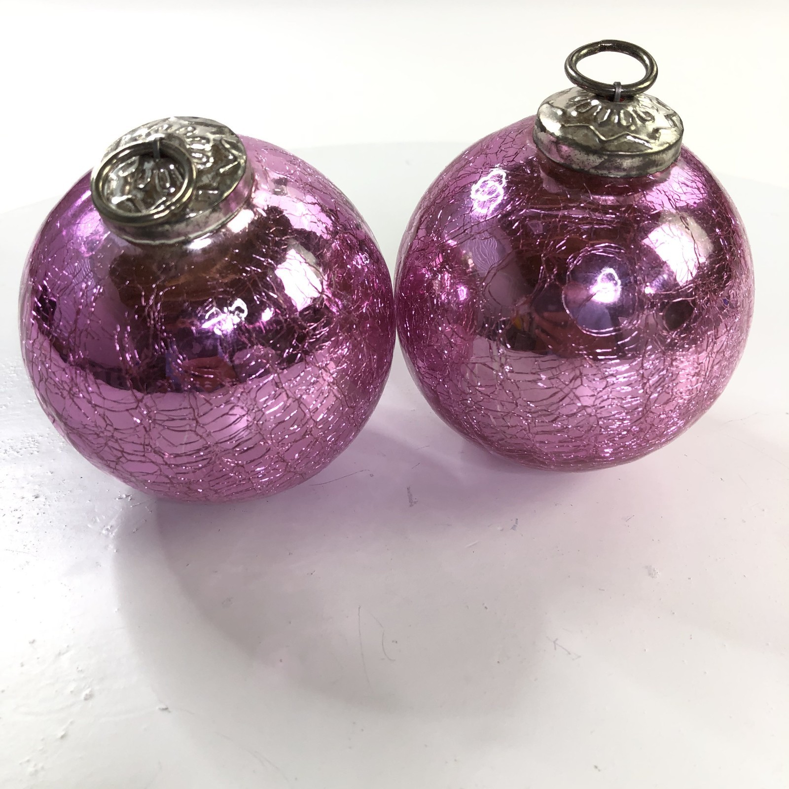 2 Kugel Style Hot Pink Cracked Ice Mercury Glass Christmas Ornaments PLS READ