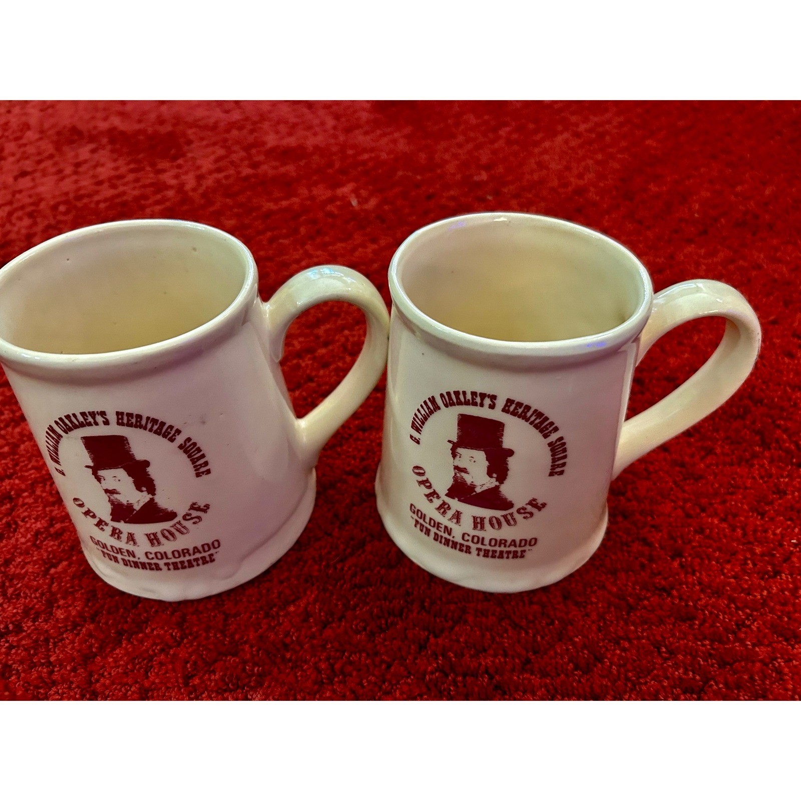 Heritage Square Opera House Souvenir Mugs Set of 2 Cream Maroon Golden Colorado