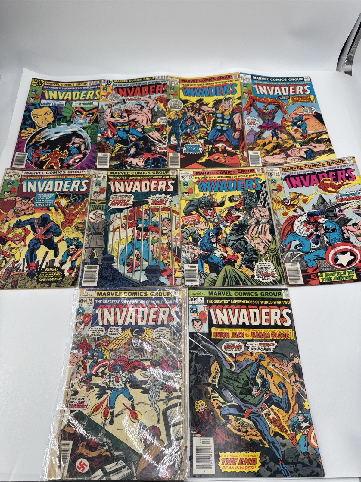 The Invaders Marvel Comics. Lot of 10. Low Grade. 9 14 15 18 19 20 25 32 33 38