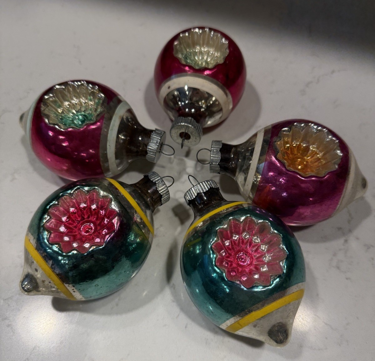 Vintage Shiny Brite Lot Of 6 Double Indent Mercury Glass Christmas Ornaments