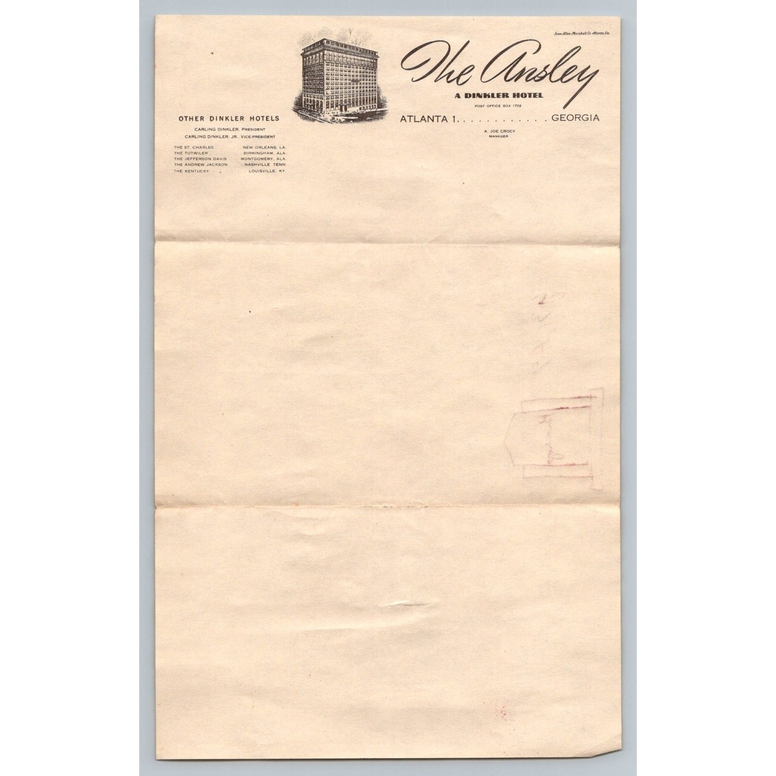Vintage The Ansley Dinkler Hotel Atlanta Georgia Letterhead Ephemera 1940s 50s