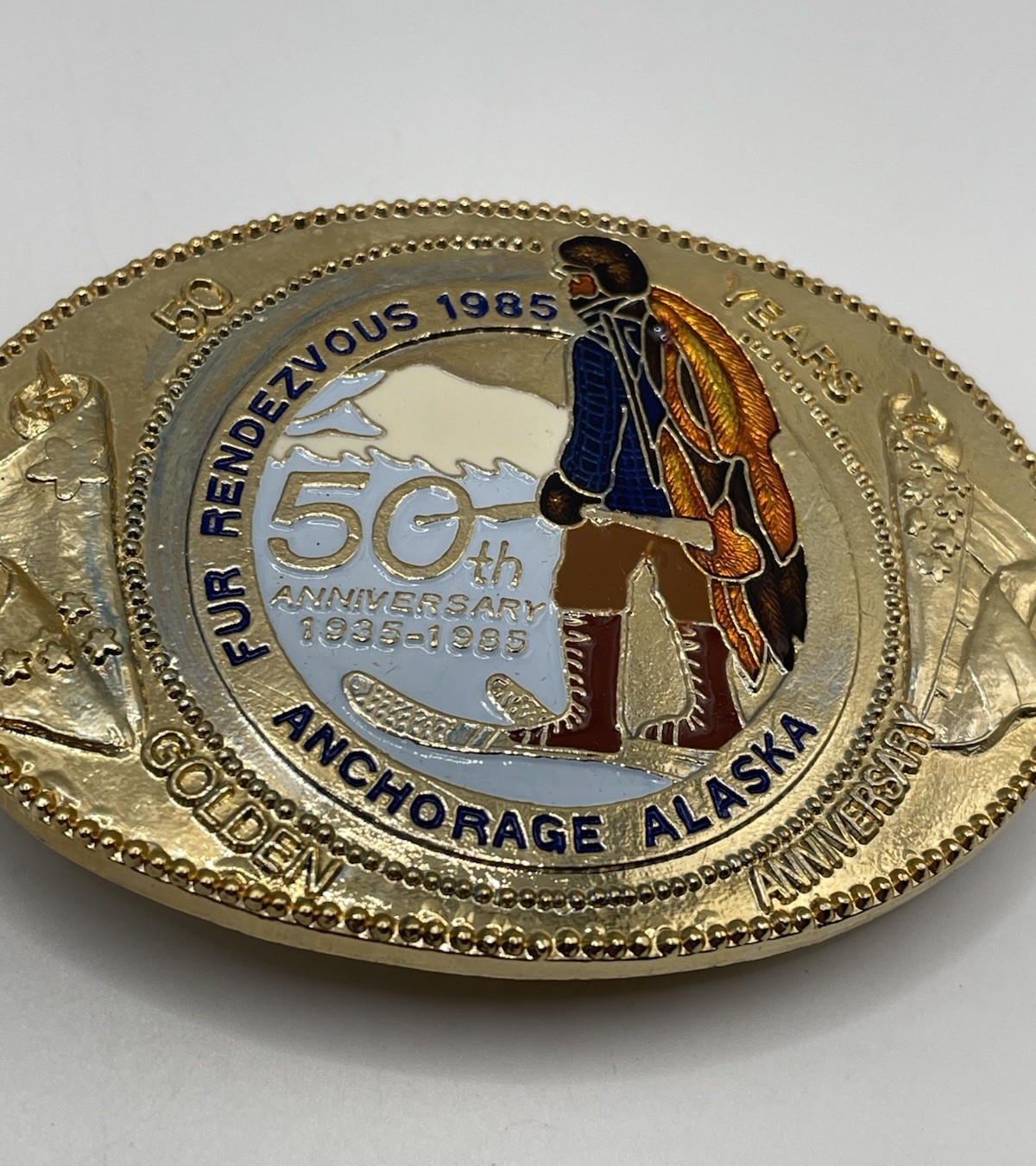 Vtg Anchorage Alaska 1985 Fur Rendezvous Belt Buckle Trapper Golden Anniversary