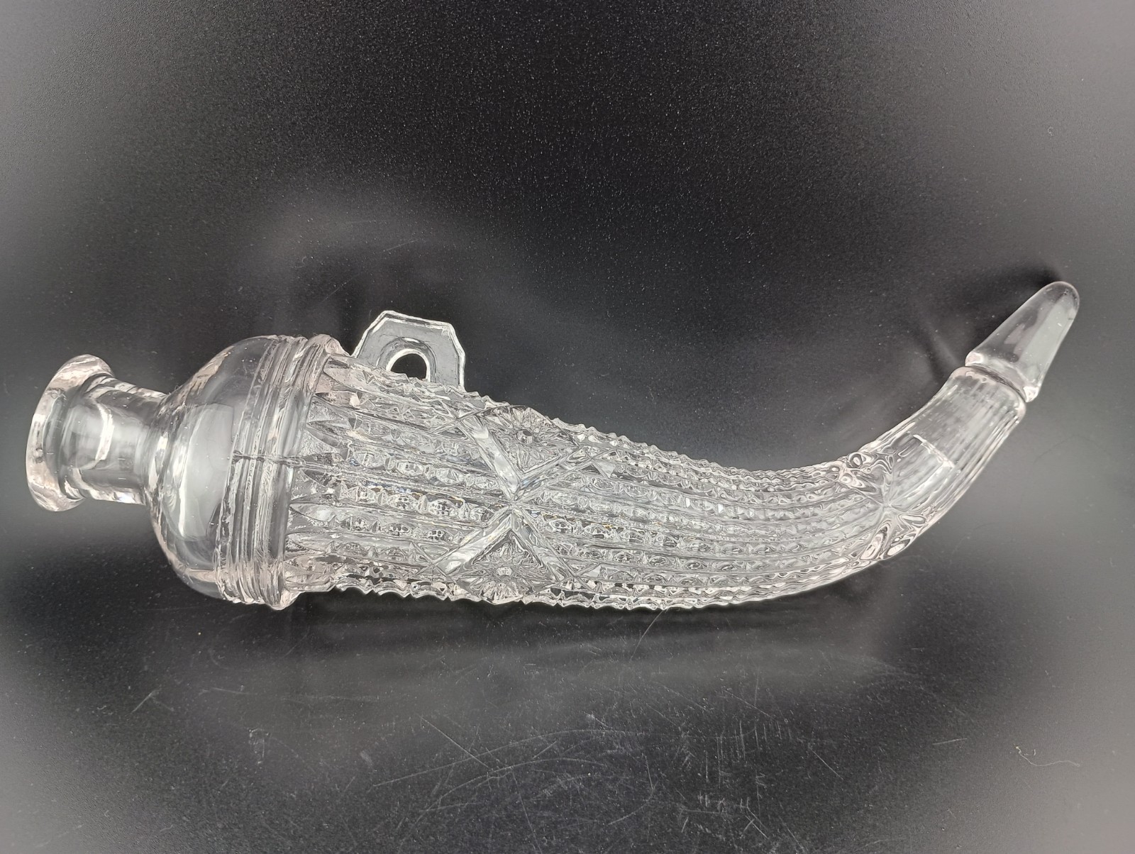 ANTIQUE FOUST DISTILLERY HORN OF PLENTY GLASS WHISKEY FLASK GLEN ROCK PA 10\