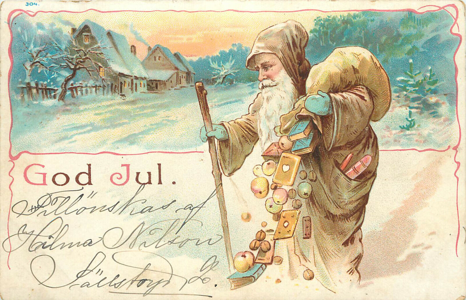 304 Postcard God Jul Santa in Tan Brown Cloak Spills Christmas Gifts on Snow