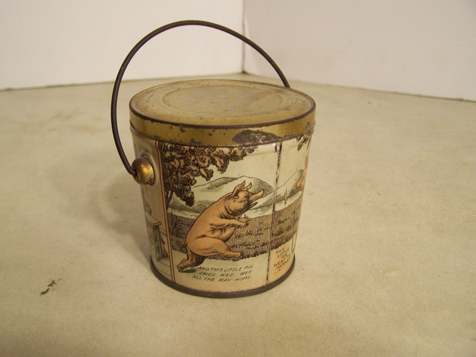 Antique Tin Candy Pail Three Little Pigs Tin Lithograph By Canco, Country Meat 
