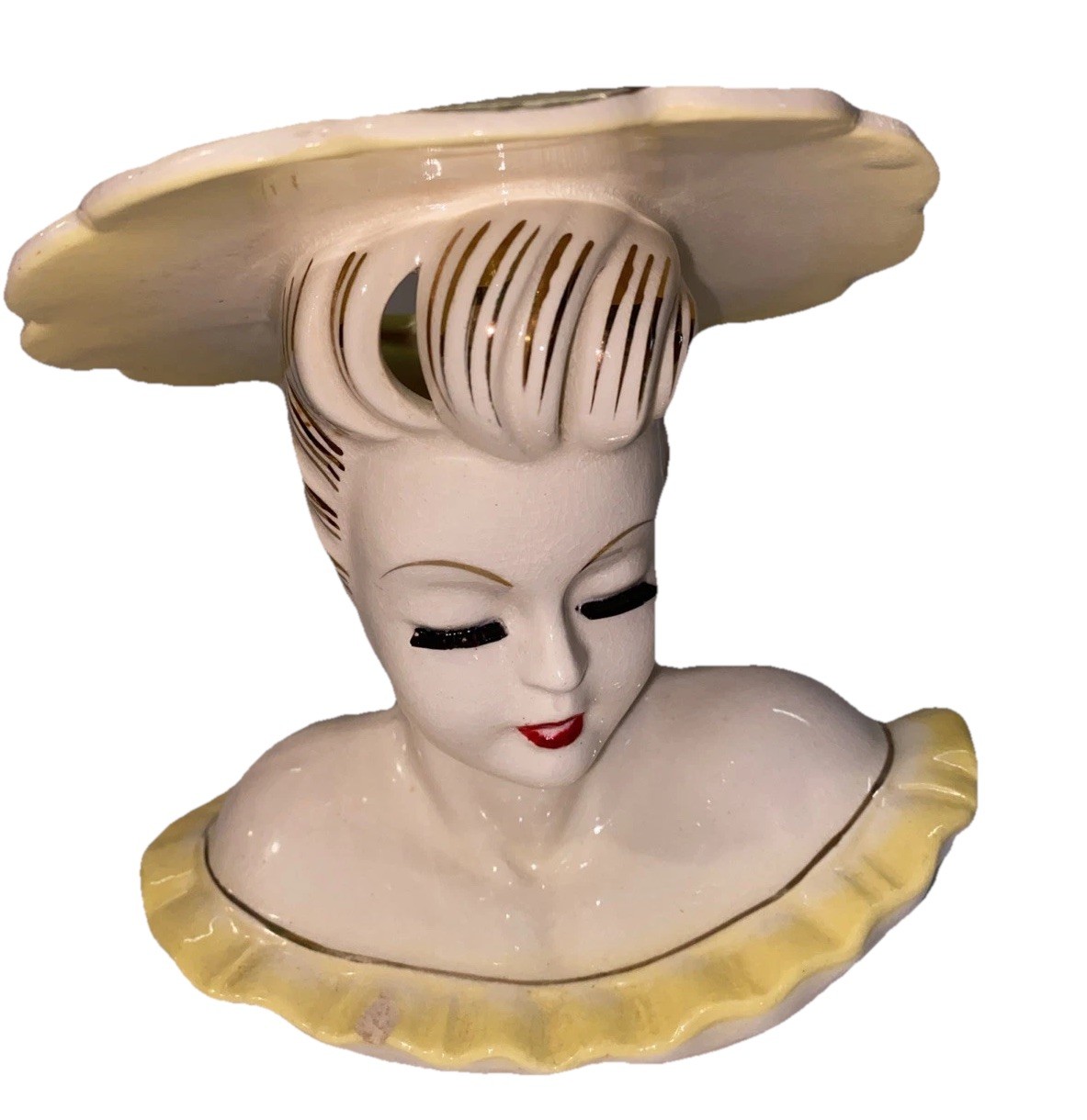 Vintage Napco Lady Head Vase Yellow Hat 6” Japan MCM