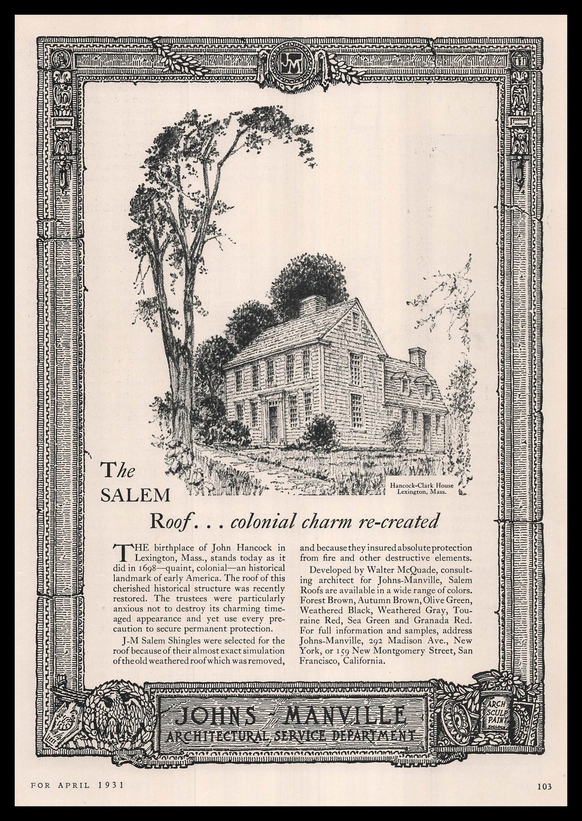1931 Salem Roof Lexington Mass John Hancock Clark Home Johns Manville Print Ad