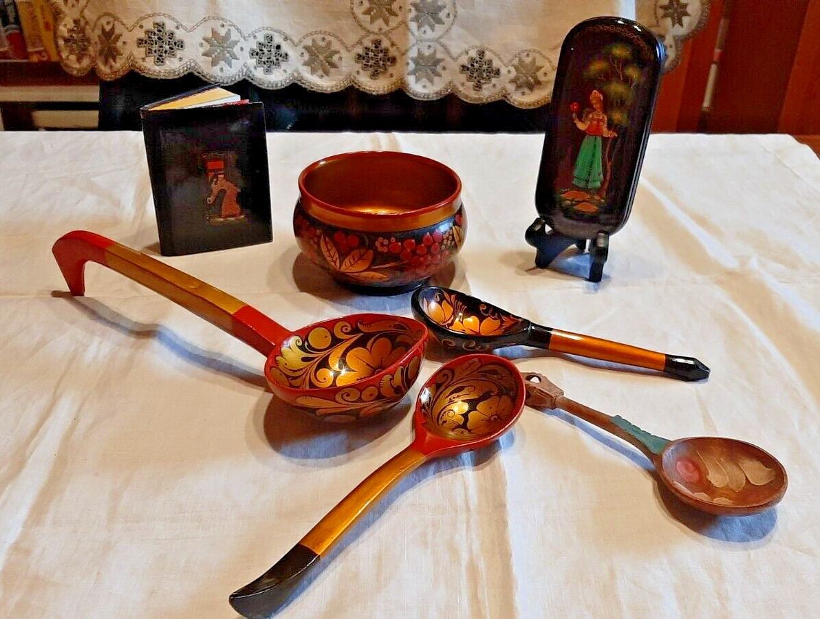 7 Vintage Russian/USSR Folk Items: Spoons, Bowl, Eyeglass Case, Address Book