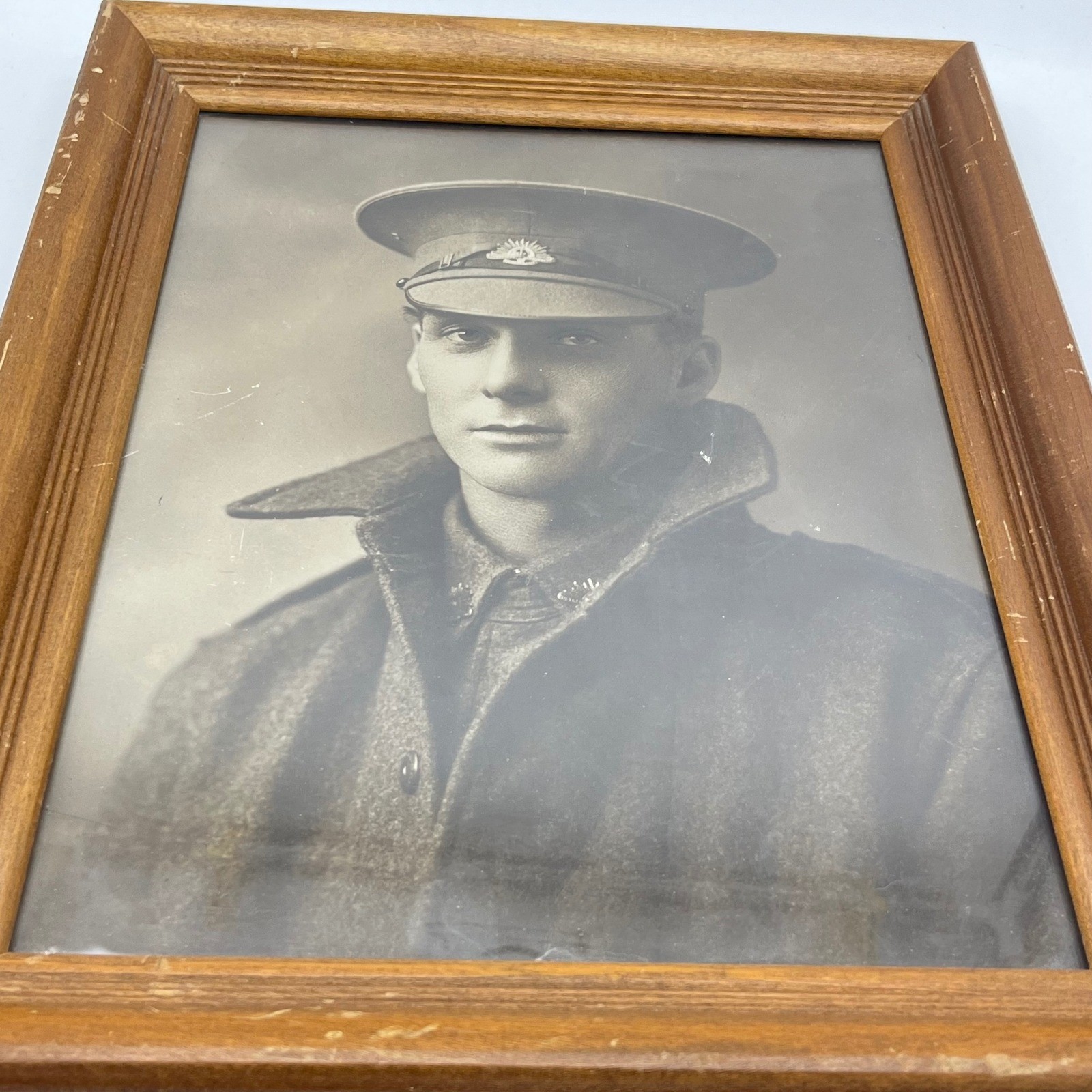 Vintage Framed Military Portrait Sepia Photograph Soldier Uniform Hat