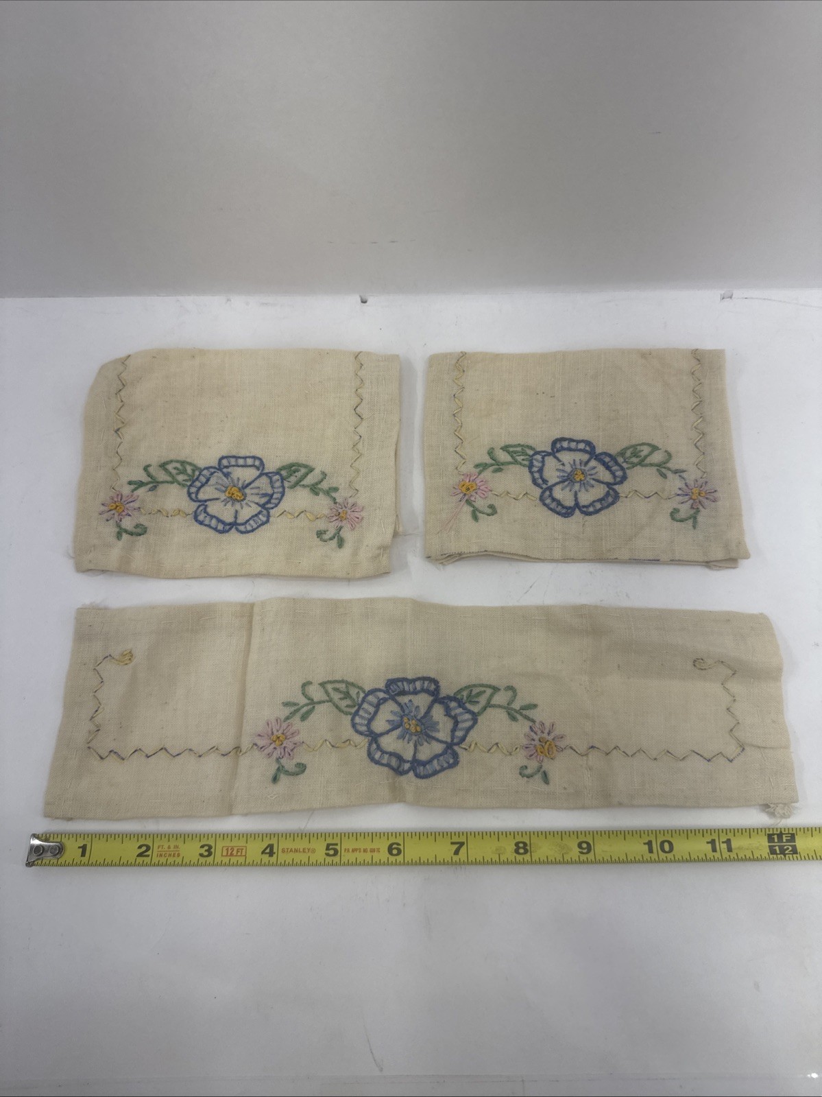Vintage Handmade Linens Beautiful Floral Embroidery Blue Pansy