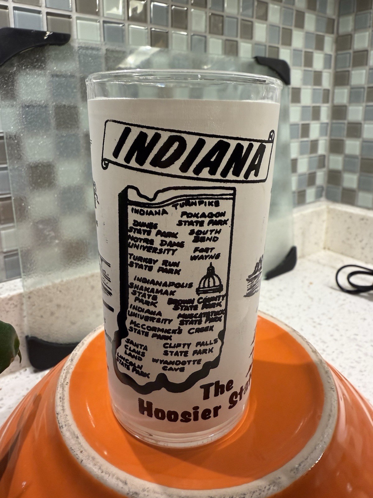 Vintage Indiana Hoosier State 1950s frosted white & black glass souvenir tumbler