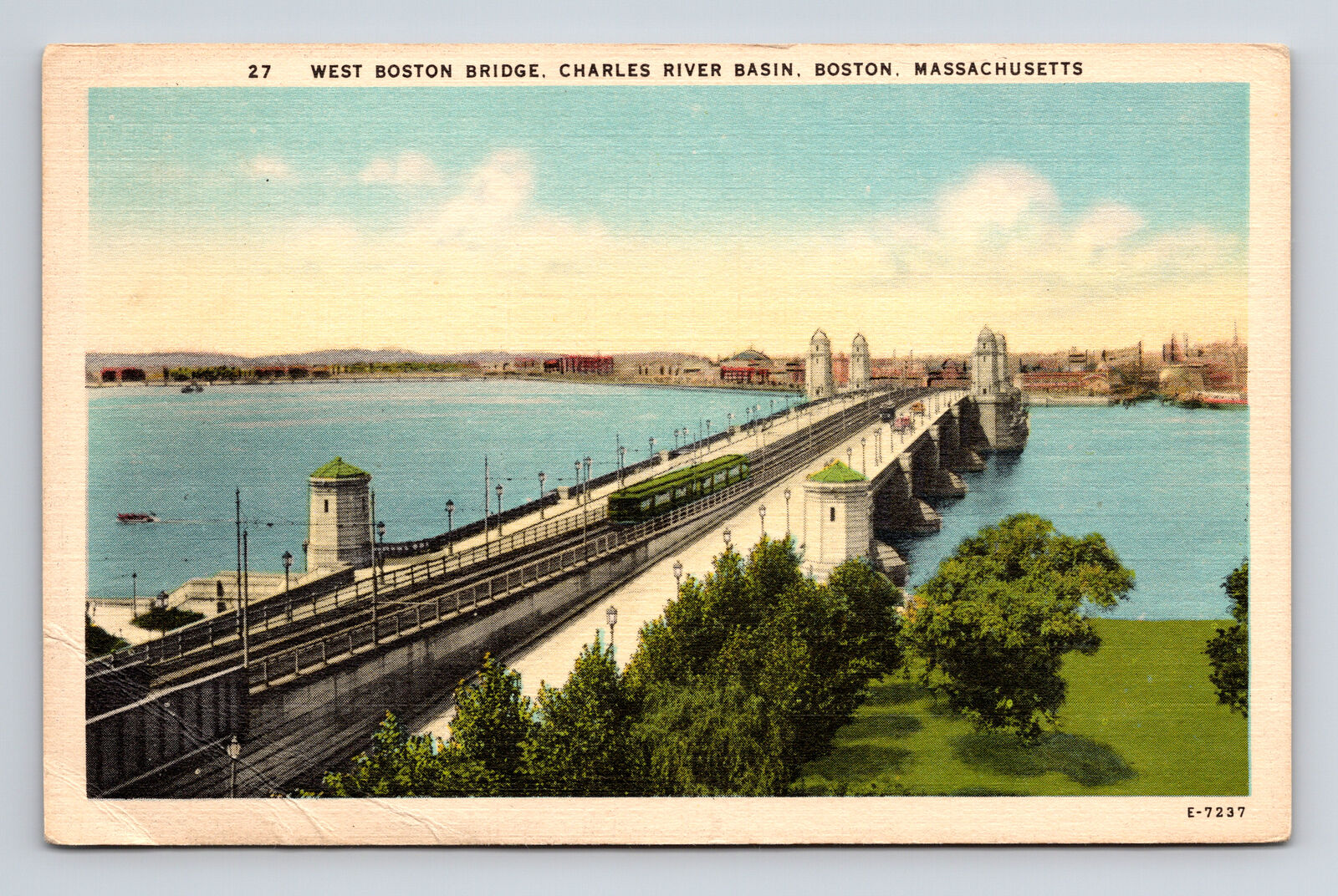 c1950 Linen Postcard Boston MA Massachusetts West Boston Bridge Charles River