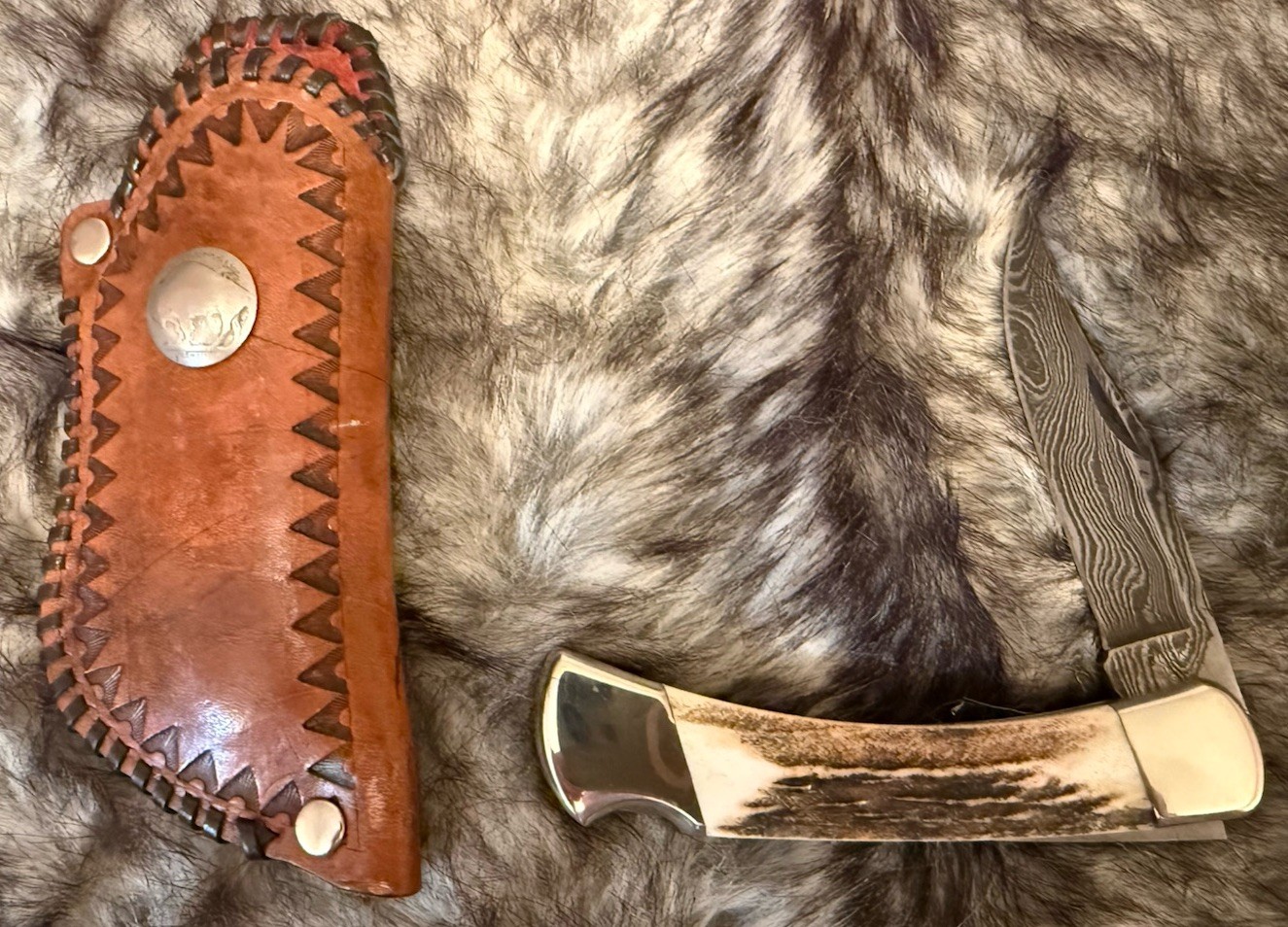 Vintage 1989 Buck 110 Damascus Nickel Silver Bolsters, Elk Stag w/ Custom Sheath