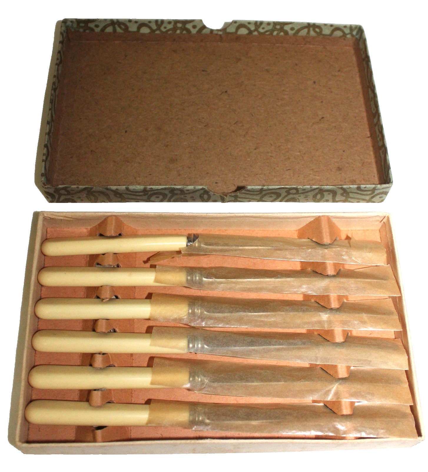 VINTAGE NEW SHEFFIELD ENGLAND MCM STAINLESS CELLULOID HANDLE SET 6 BUTTER KNIVES