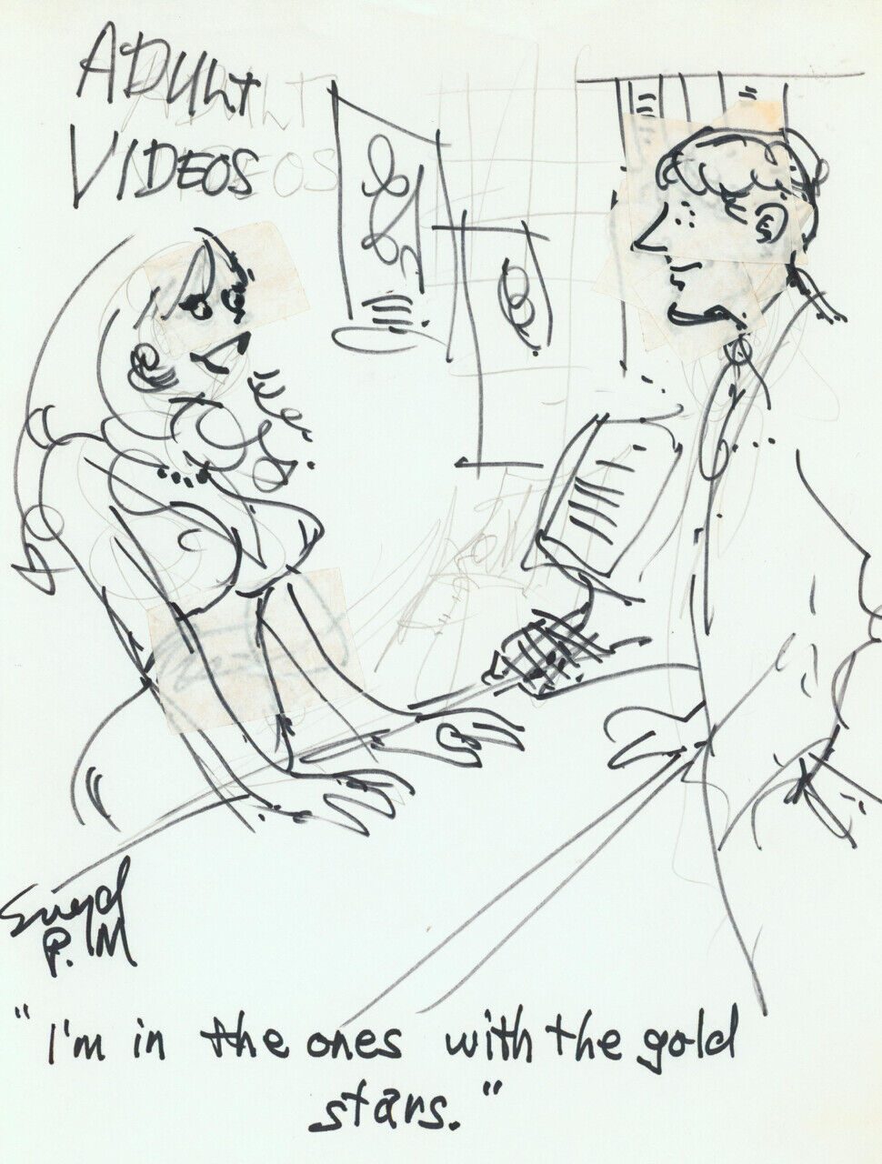 Doug Sneyd Signed Original Art Prelim Sketch Playboy Gag Rough ~ The Video Store