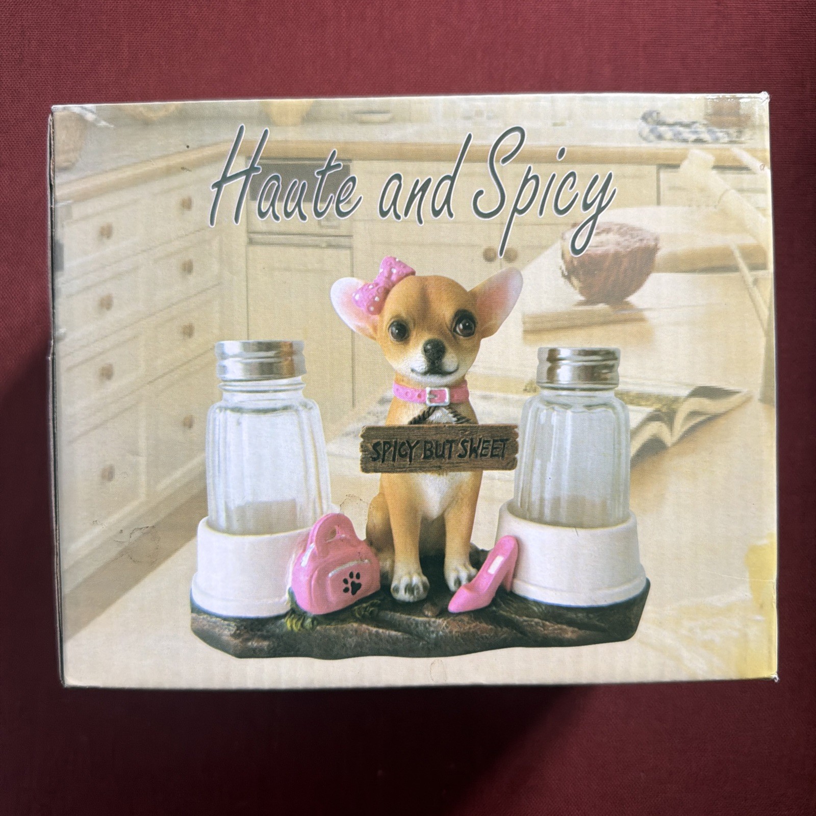 Chihuahua Dog Salt and Pepper Shaker Set with \'Spicy But Sweet\' Sign