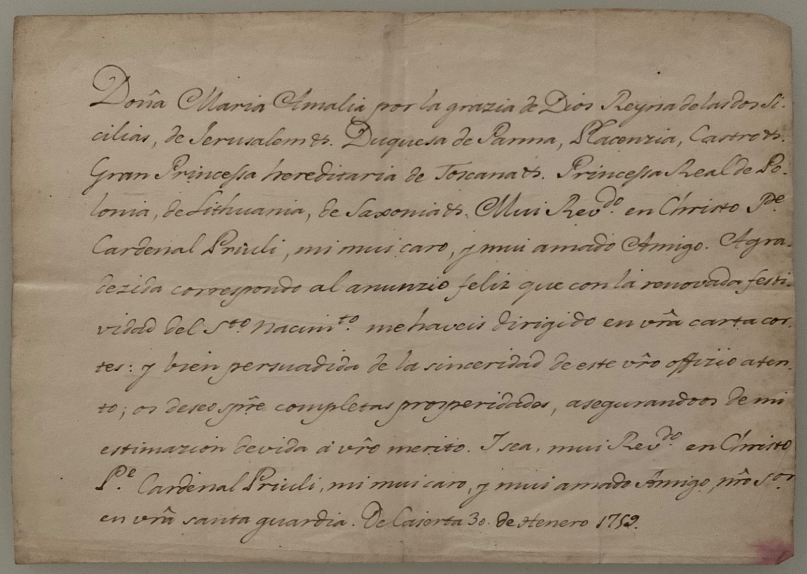 MARY AMALIA SAXONY WIFE OF KING CHARLO III° TWO SICILIES AUTOGRAPH LETTER 1758