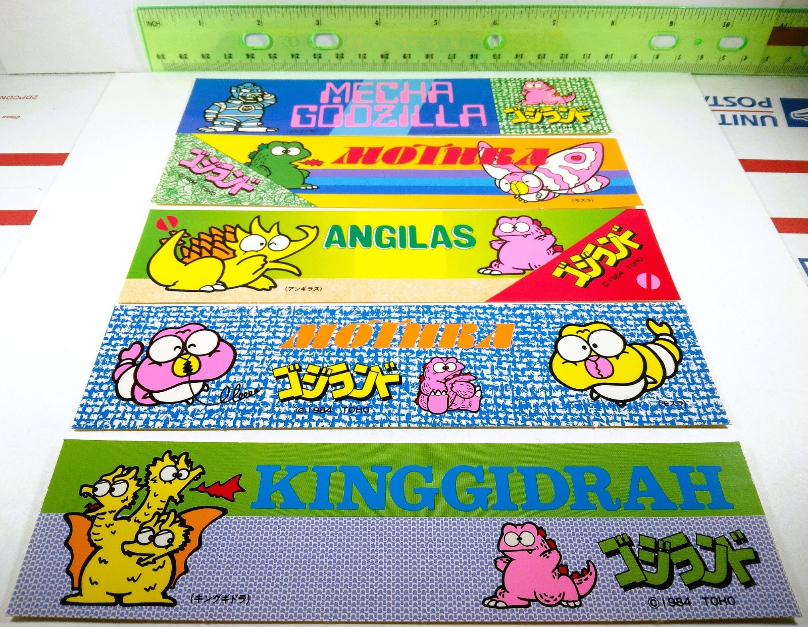 🟢🔥 GODZILLAND 1984 VINTAGE 5x UNUSED STICKER LOT MECHAGODZILLA MOTHRA ANGUIRUS
