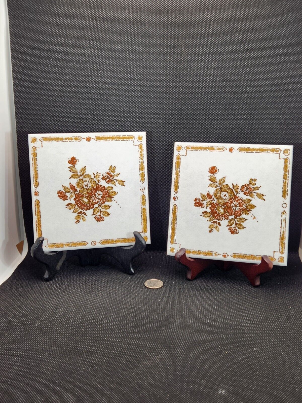 2 VTG 1960s Iris Cermica Italy Semigres Tiles Hand Painted Brown Flowers #427813