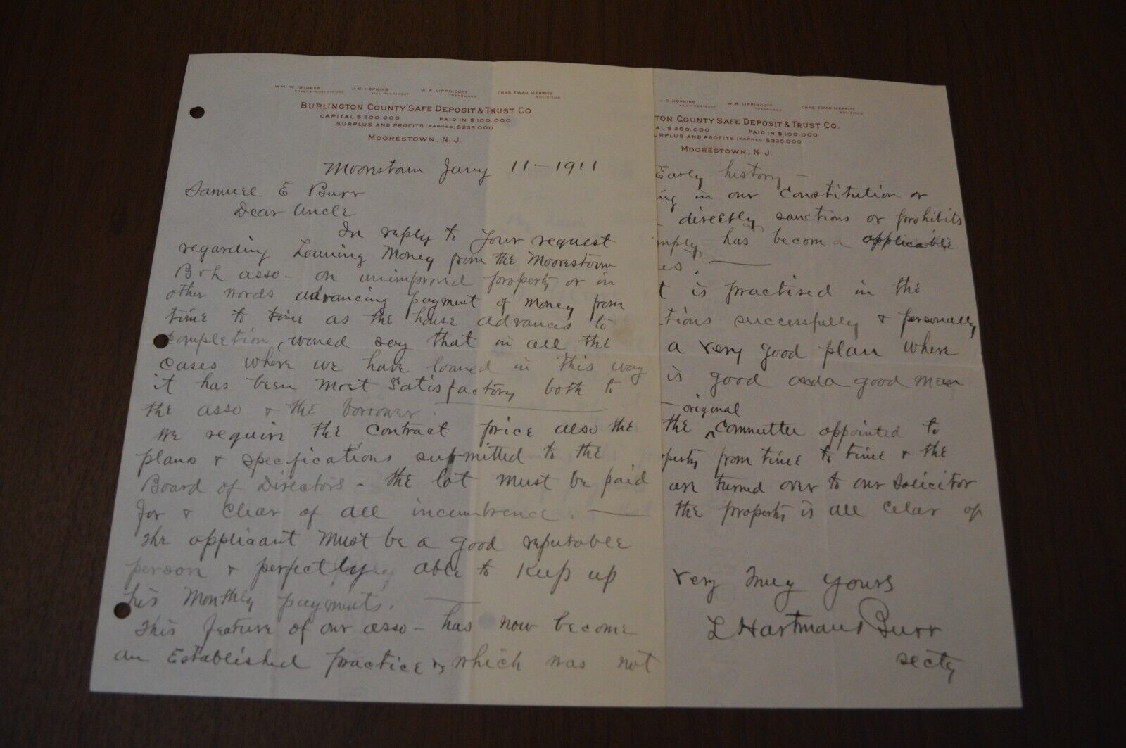 1911 Burlington County Safe Deposit & Trust Moorestown NJ Letter to Samuel Burr