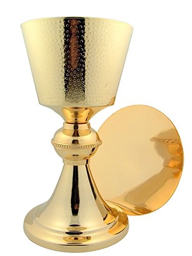 Church Gold Plated Brass Chalice & Paten, 14 Ounce, Hammered Finish