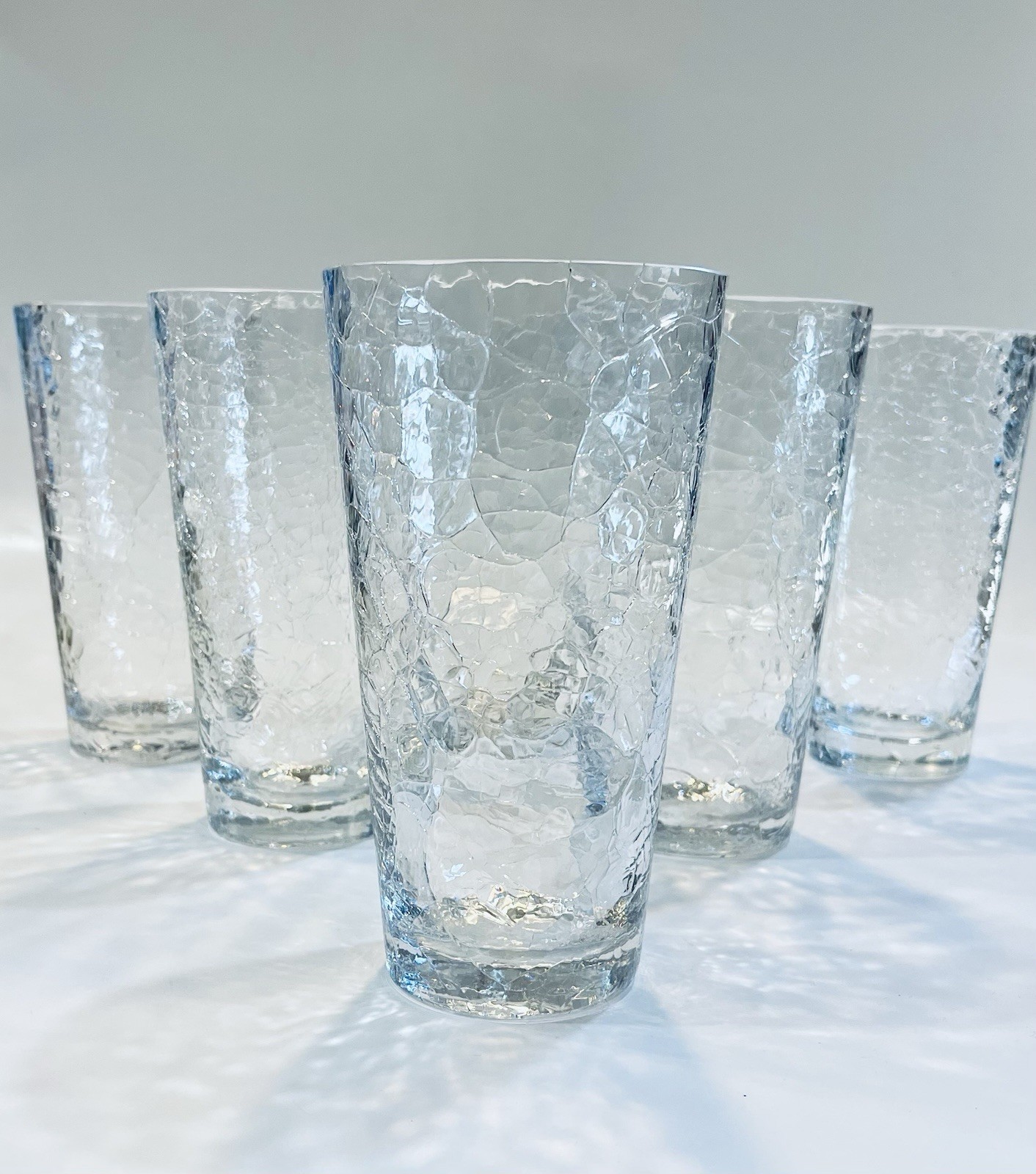 Set Of 6 Clear Crackle Glass Tall Tumblers RARE