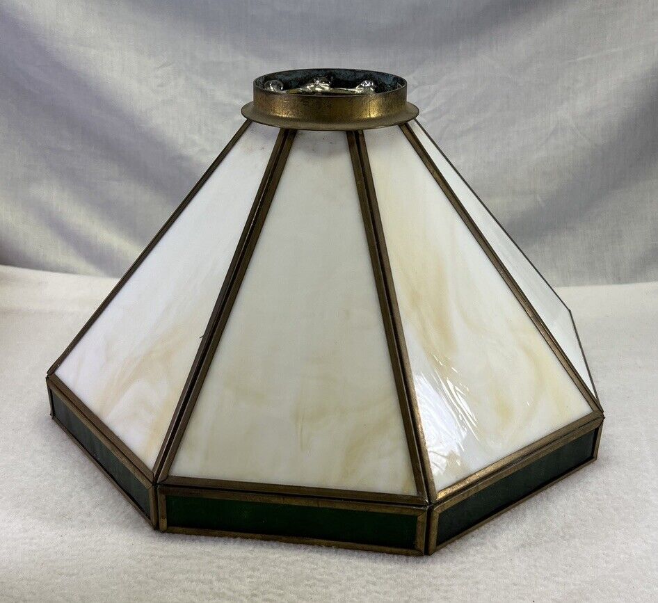Vintage Tiffany Style Stained Swag 8 Sided Brass Lamp Shade Pool Table Shade