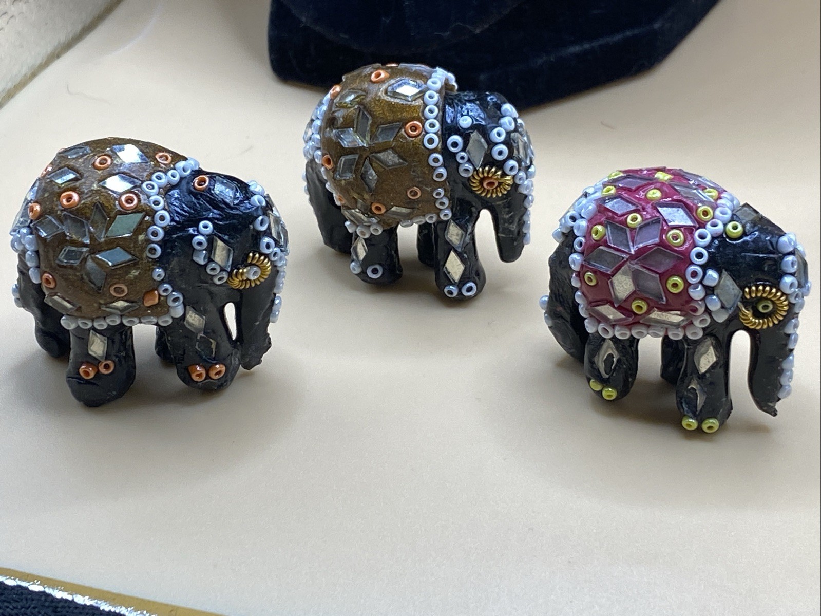 3-1940s Vintage Handmade Mirror Art Terracotta Elephant Figure Collectibles